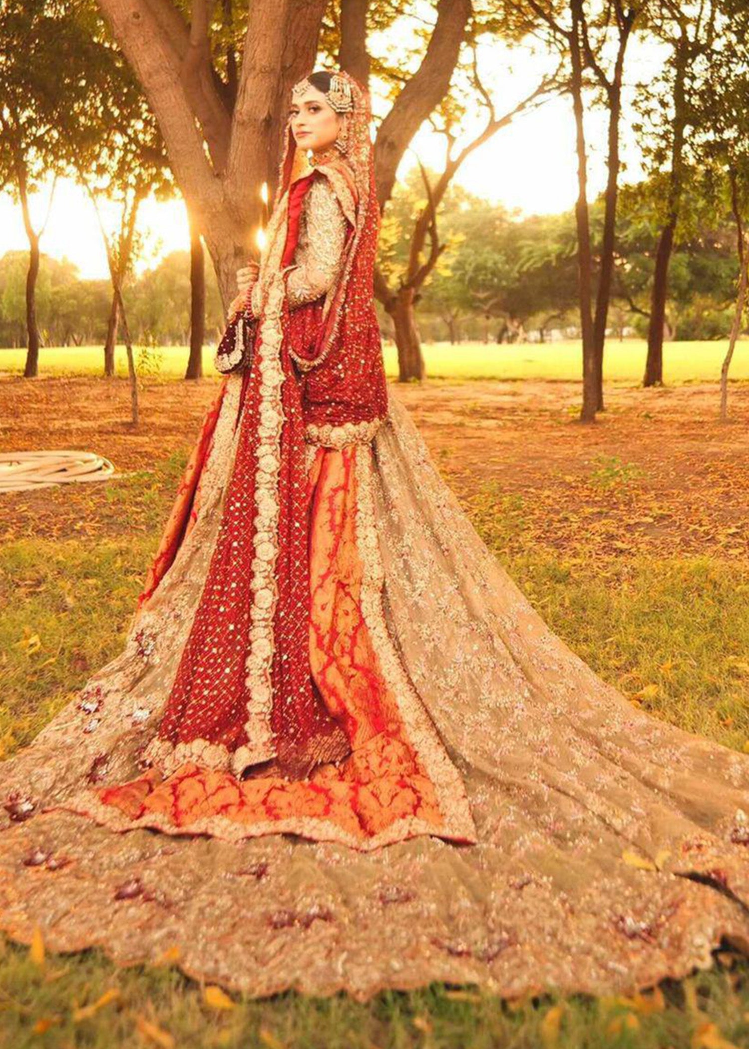 Champagne & Deep Red Embellished Silk-Blend Bridal Lehenga (3-Piece) - Image 7
