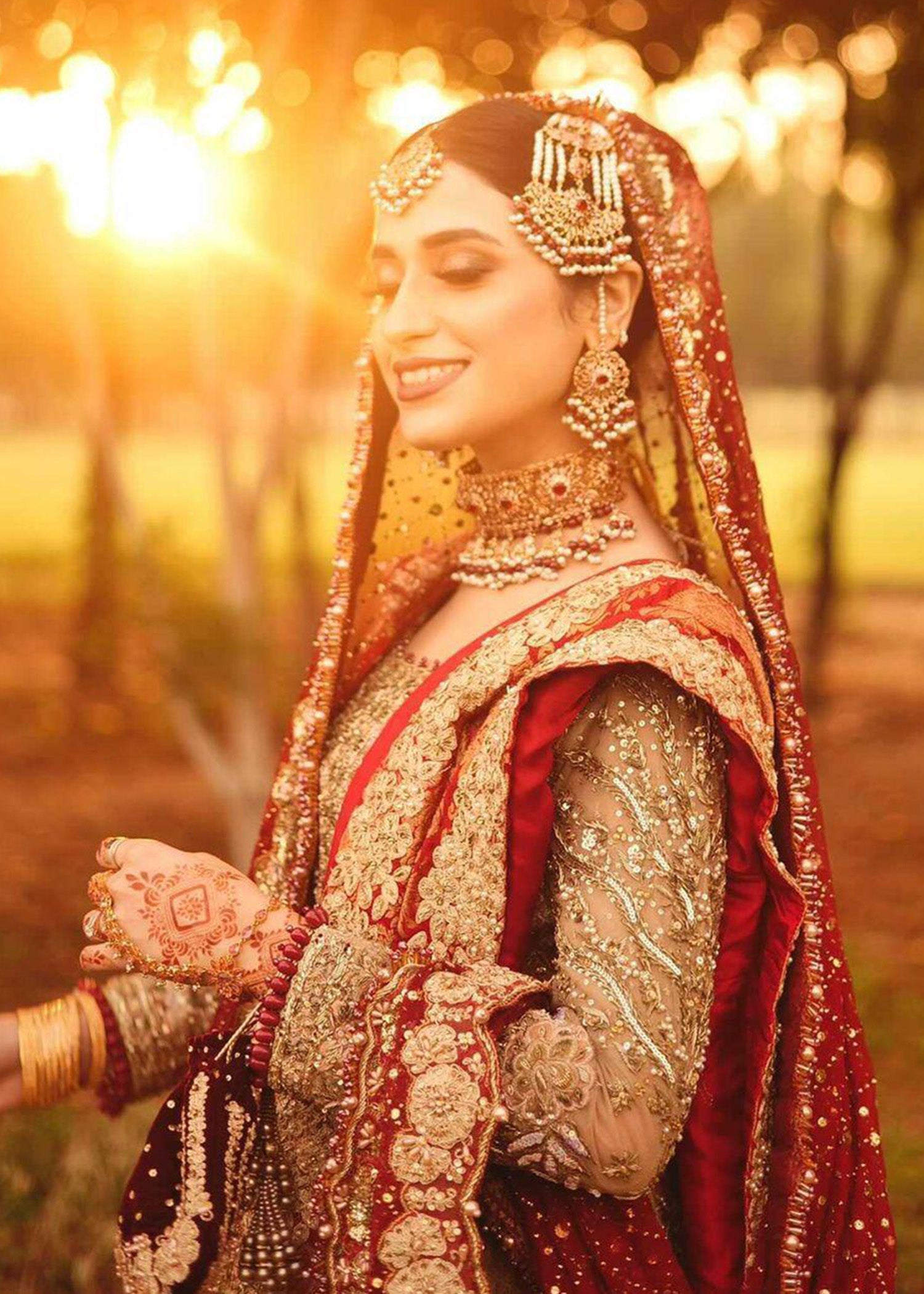 Champagne & Deep Red Embellished Silk-Blend Bridal Lehenga (3-Piece) - Image 8