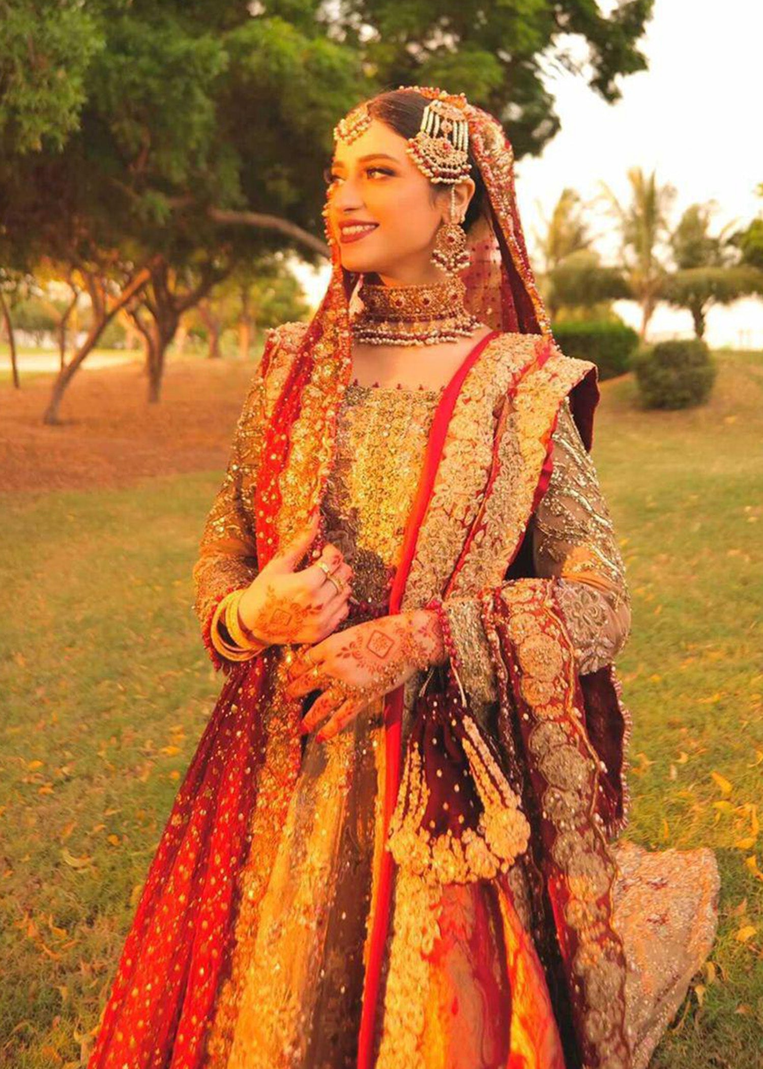 Champagne & Deep Red Embellished Silk-Blend Bridal Lehenga (3-Piece) - Image 9