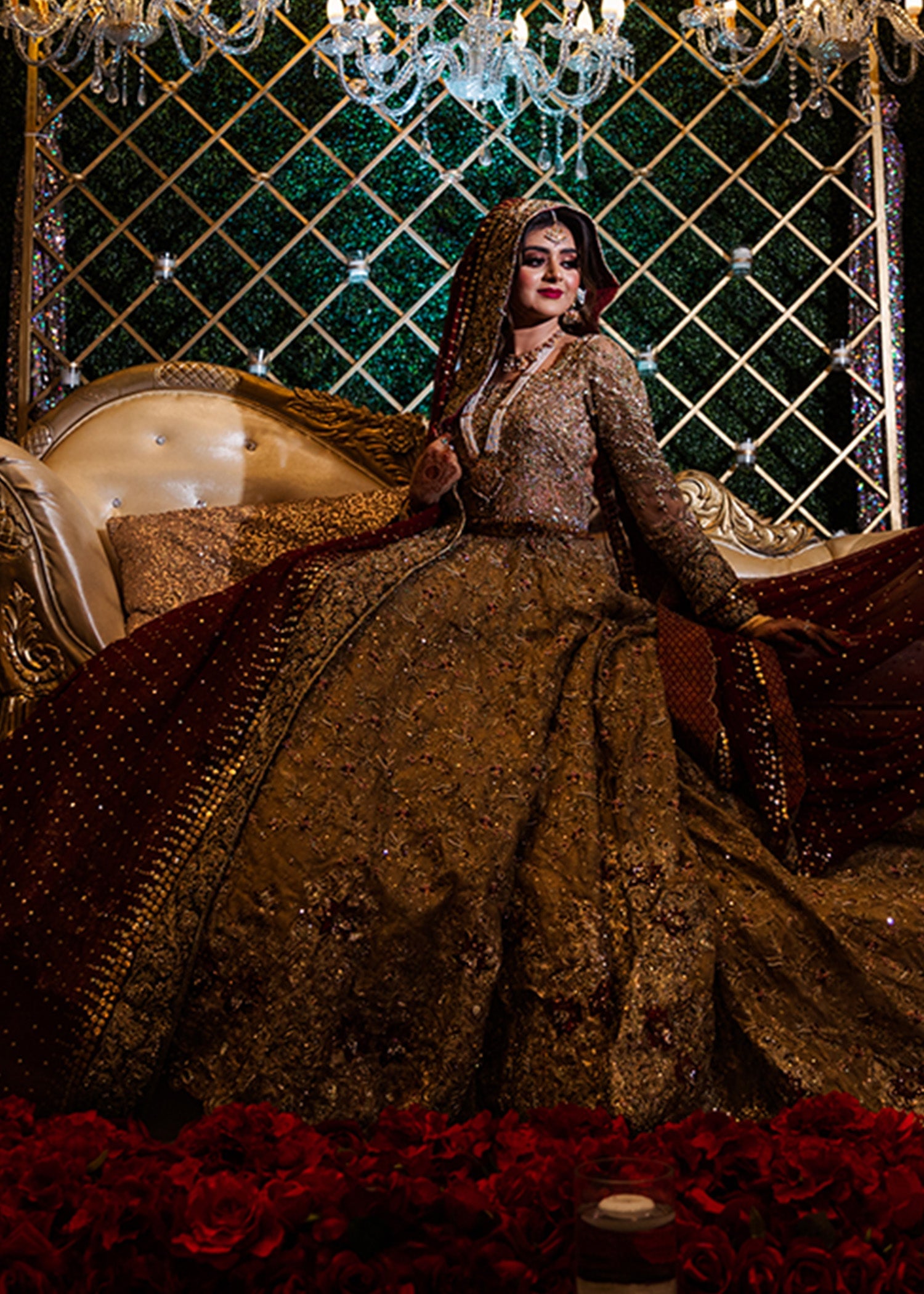 Antique Gold Zardozi Silk Bridal Lehenga (3-Piece) - Image 3