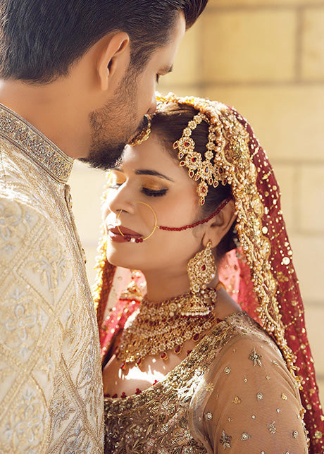 Pakistani Deep Maroon Gold Embellished Silk Blend Bridal Lehenga (3-Piece) - Image 10