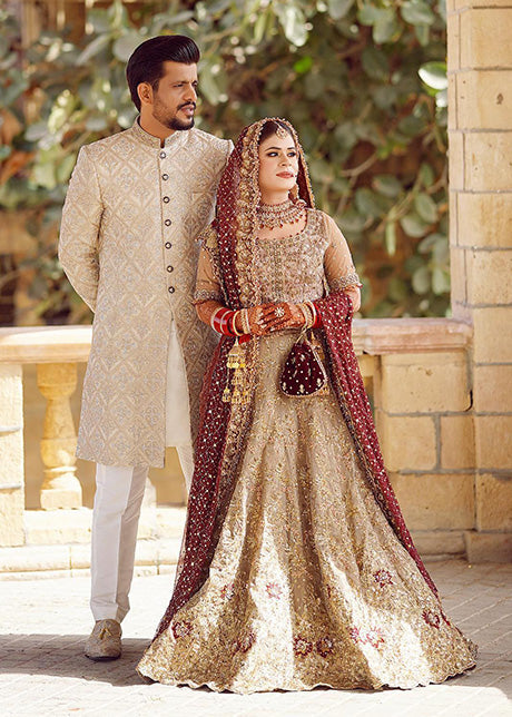 Pakistani Deep Maroon Gold Embellished Silk Blend Bridal Lehenga (3-Piece) - Image 12