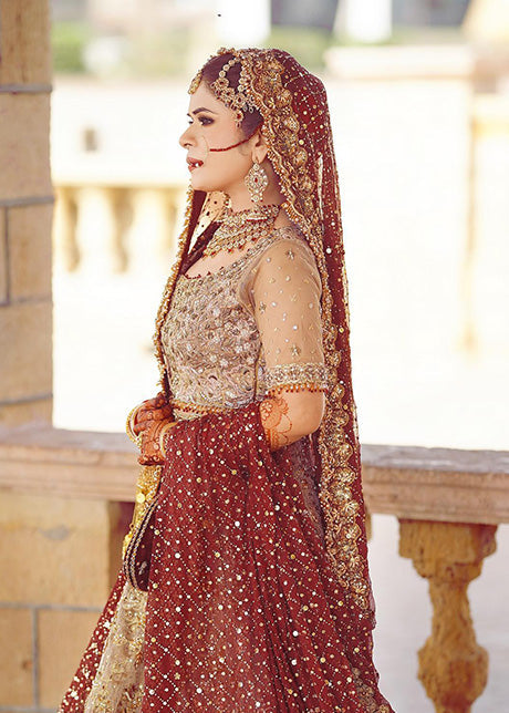 Pakistani Deep Maroon Gold Embellished Silk Blend Bridal Lehenga (3-Piece) - Image 13