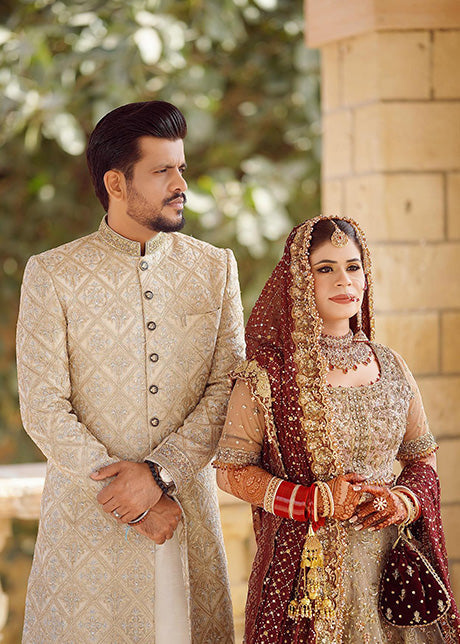 Pakistani Deep Maroon Gold Embellished Silk Blend Bridal Lehenga (3-Piece) - Image 14