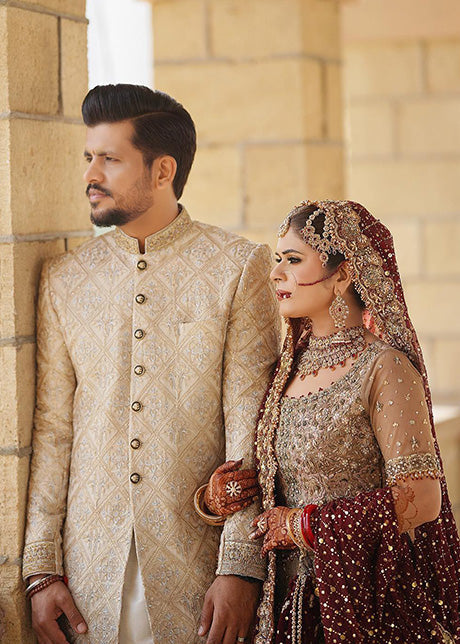 Pakistani Deep Maroon Gold Embellished Silk Blend Bridal Lehenga (3-Piece) - Image 15