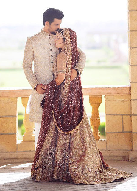 Pakistani Deep Maroon Gold Embellished Silk Blend Bridal Lehenga (3-Piece) - Image 16