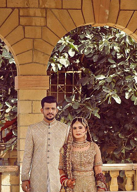 Pakistani Deep Maroon Gold Embellished Silk Blend Bridal Lehenga (3-Piece) - Image 2