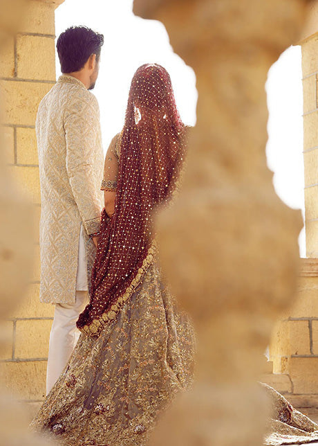 Pakistani Deep Maroon Gold Embellished Silk Blend Bridal Lehenga (3-Piece) - Image 3