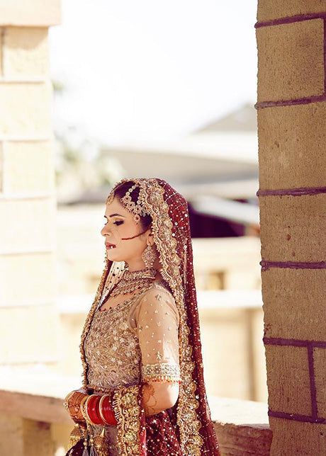 Pakistani Deep Maroon Gold Embellished Silk Blend Bridal Lehenga (3-Piece) - Image 4