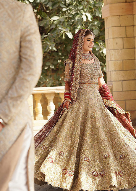 Pakistani Deep Maroon Gold Embellished Silk Blend Bridal Lehenga (3-Piece) - Image 5