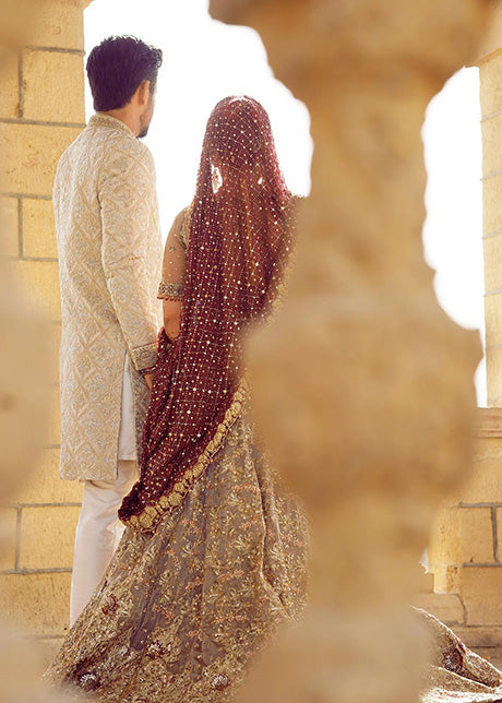 Pakistani Deep Maroon Gold Embellished Silk Blend Bridal Lehenga (3-Piece) - Image 7