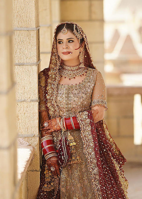 Pakistani Deep Maroon Gold Embellished Silk Blend Bridal Lehenga (3-Piece) - Image 8