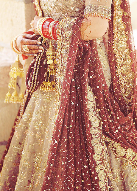 Pakistani Deep Maroon Gold Embellished Silk Blend Bridal Lehenga (3-Piece) - Image 9
