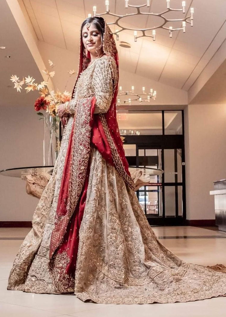Antique Gold Zardozi Silk-Blend Bridal Lehenga (3-Piece) - Image 1