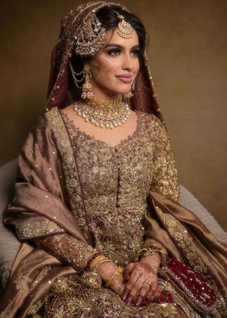 Pakistani Antique Gold Maroon Embroidered Silk Bridal Lehenga (3-Piece) - Image 1