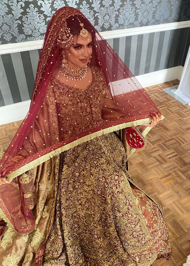 Pakistani Antique Gold Maroon Embroidered Silk Bridal Lehenga (3-Piece) - Image 2