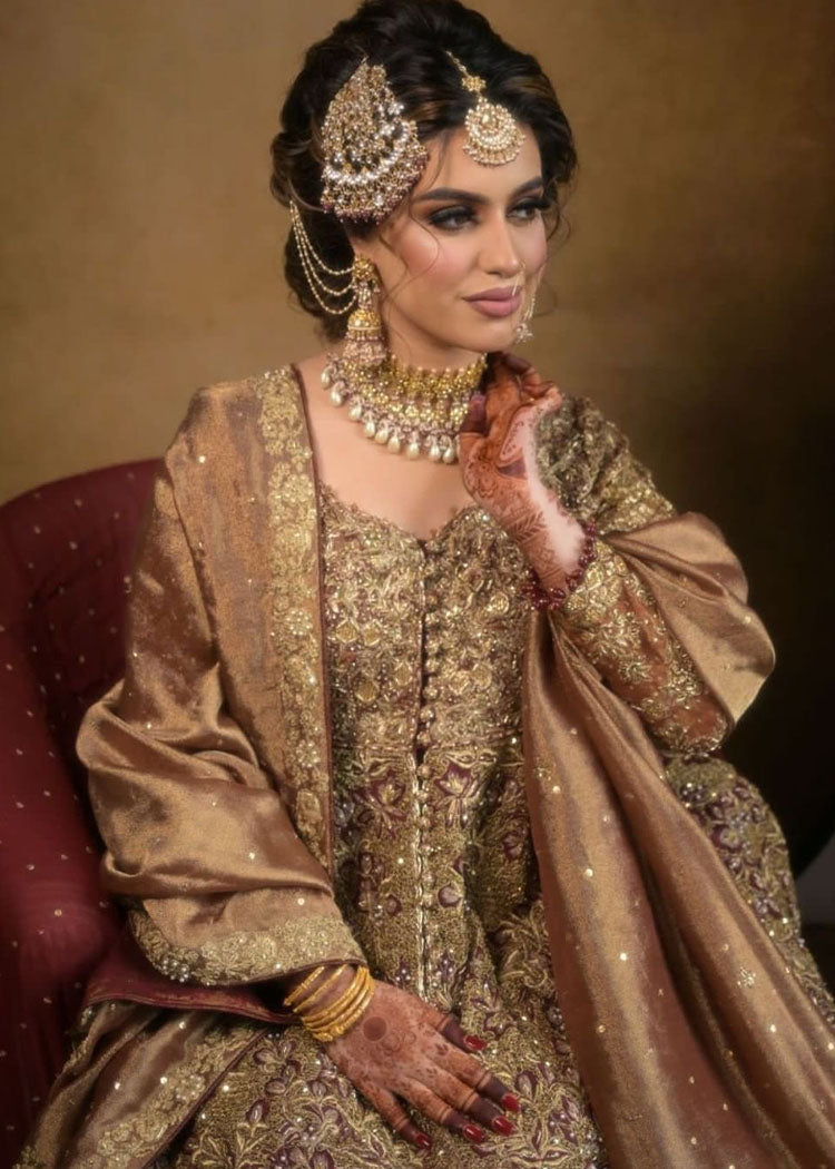 Pakistani Antique Gold Maroon Embroidered Silk Bridal Lehenga (3-Piece) - Image 4
