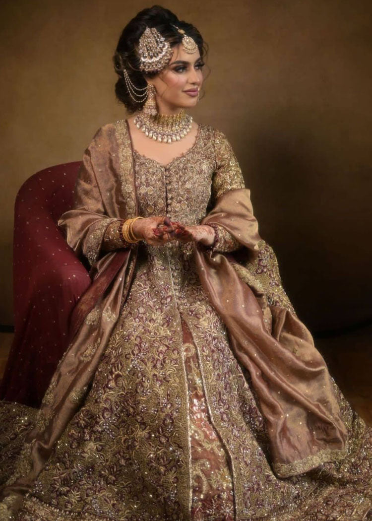 Pakistani Antique Gold Maroon Embroidered Silk Bridal Lehenga (3-Piece) - Image 6