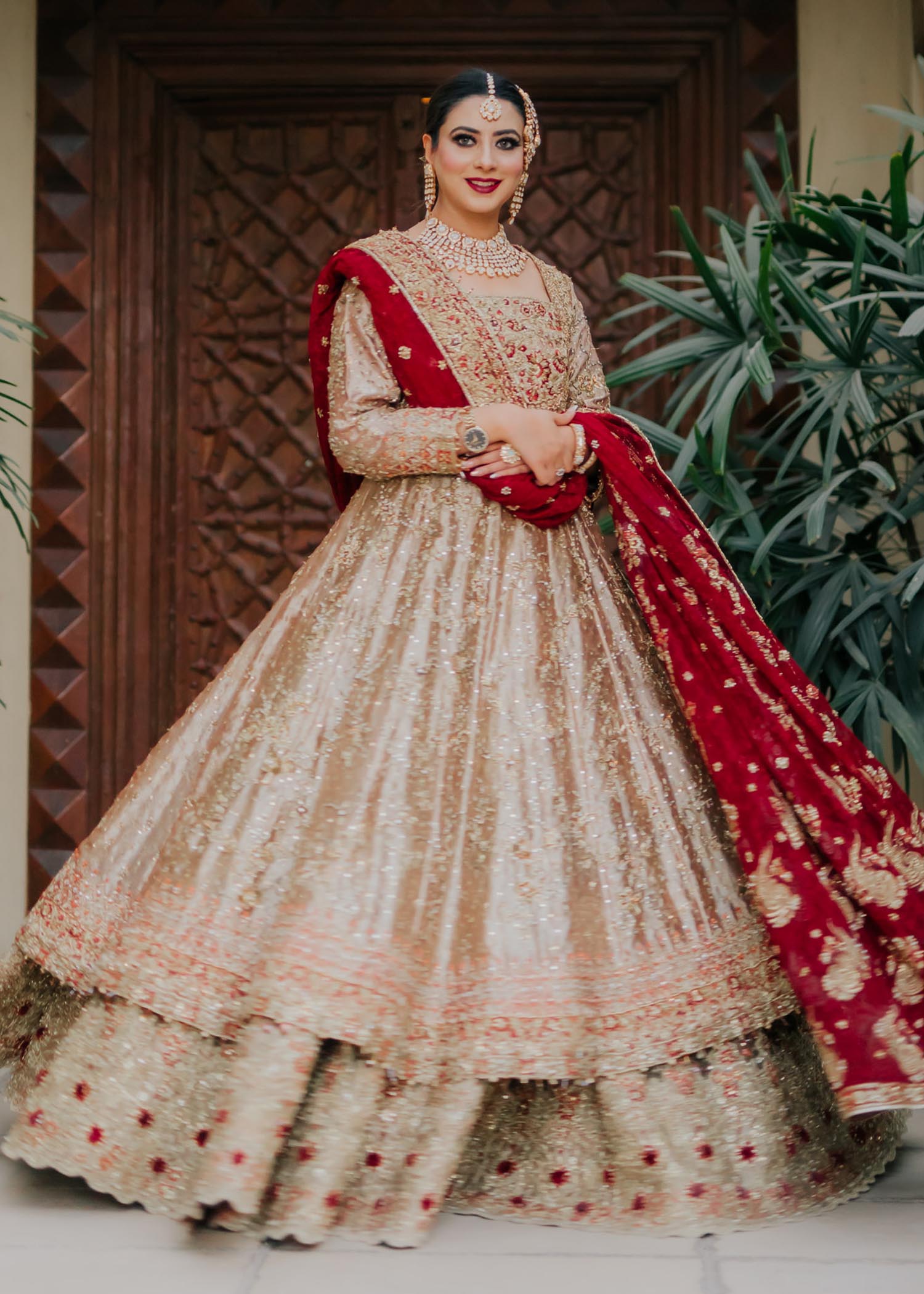 Pakistani Gold and Deep Red Embellished Silk-Blend Bridal Lehenga (3-Piece) - Image 1