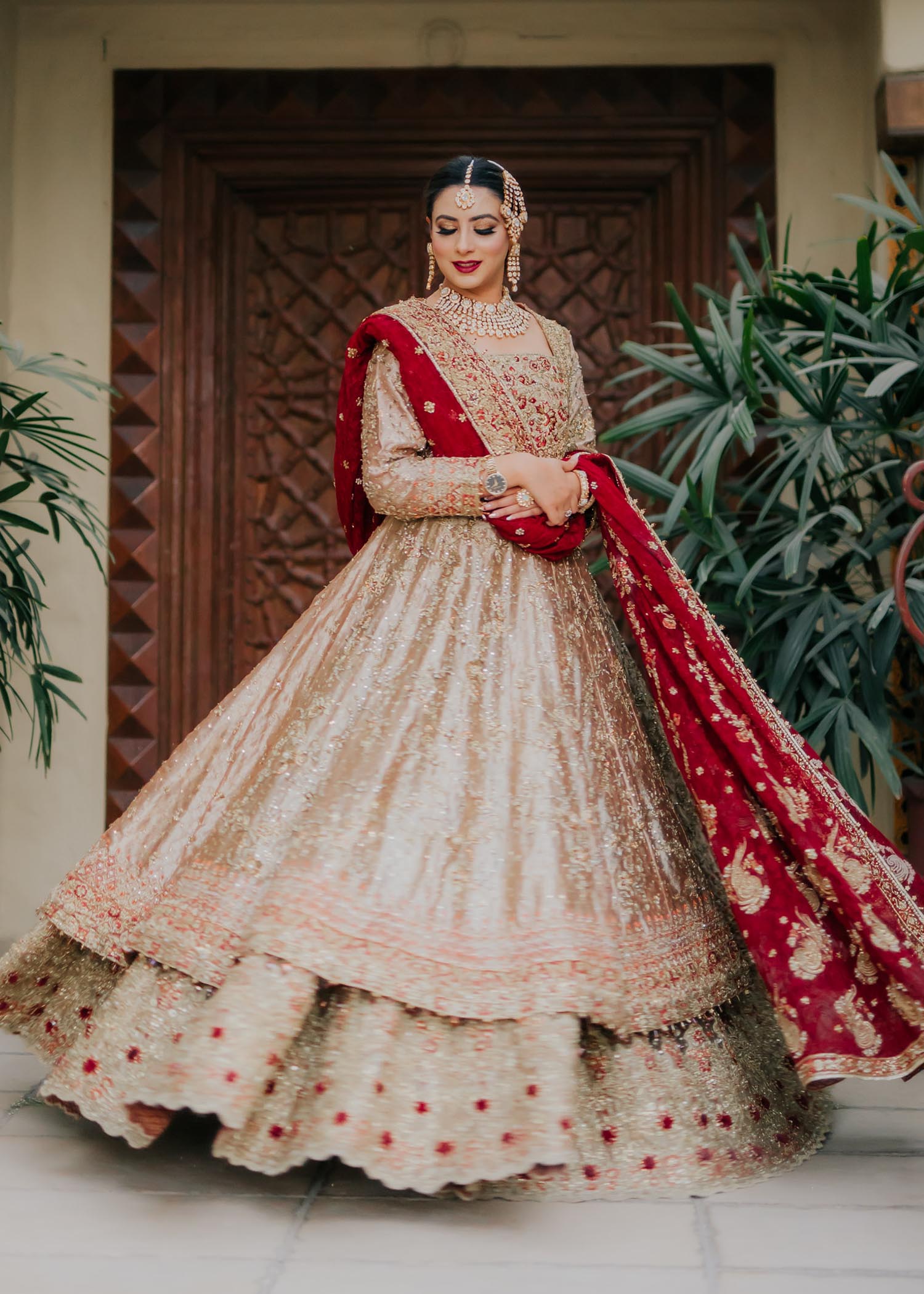 Pakistani Gold and Deep Red Embellished Silk-Blend Bridal Lehenga (3-Piece) - Image 2