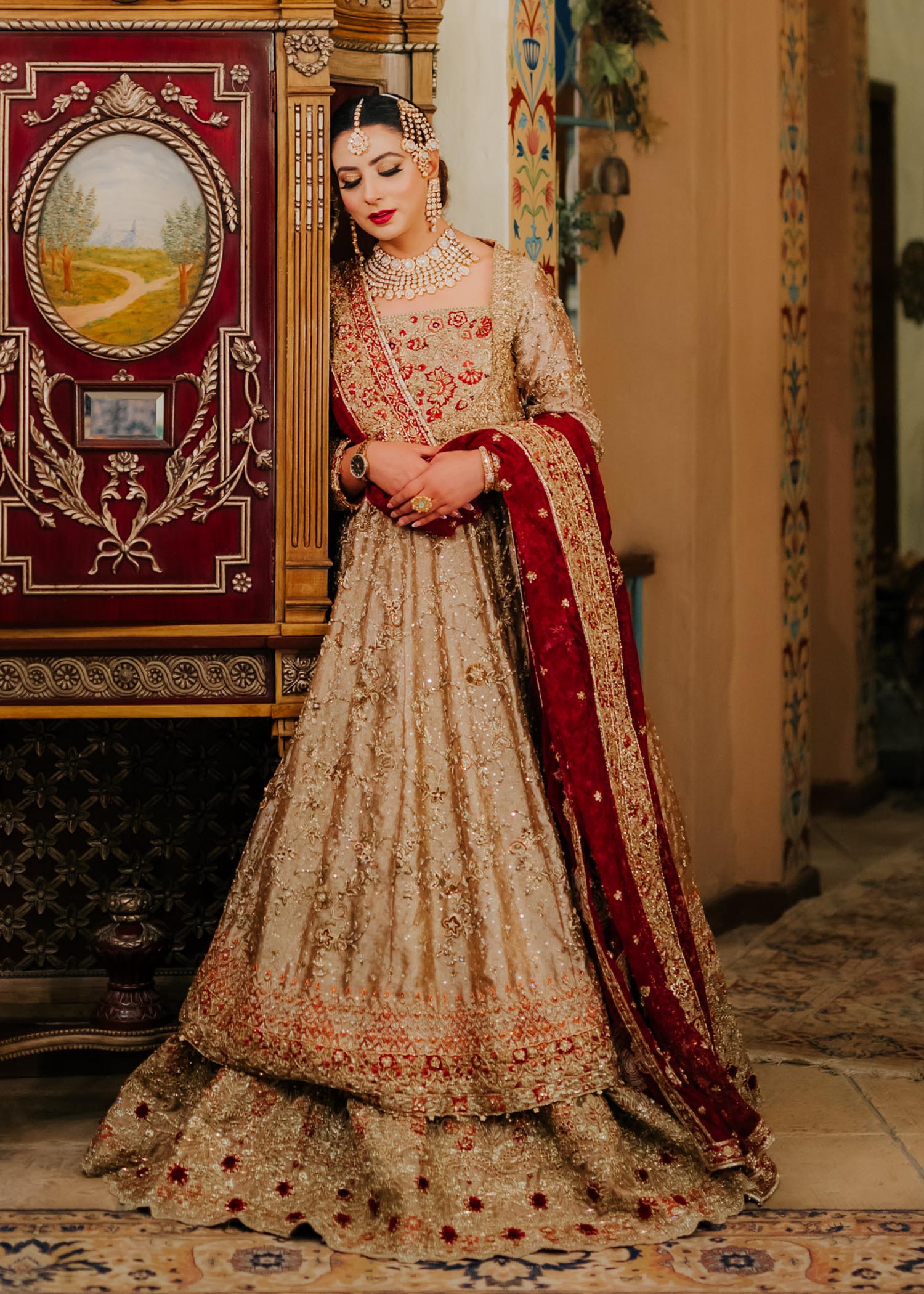Pakistani Gold and Deep Red Embellished Silk-Blend Bridal Lehenga (3-Piece) - Image 3