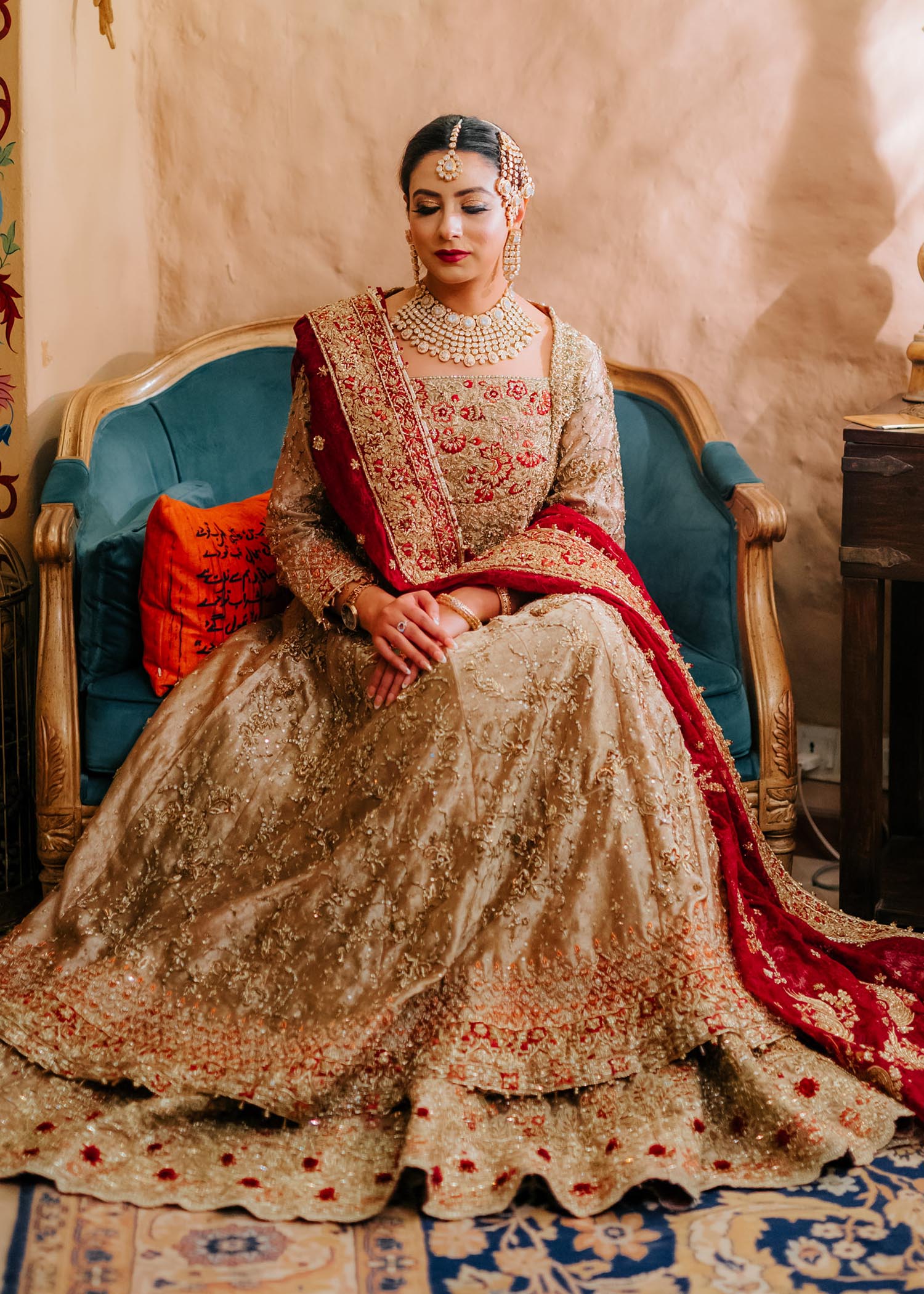 Pakistani Gold and Deep Red Embellished Silk-Blend Bridal Lehenga (3-Piece) - Image 5