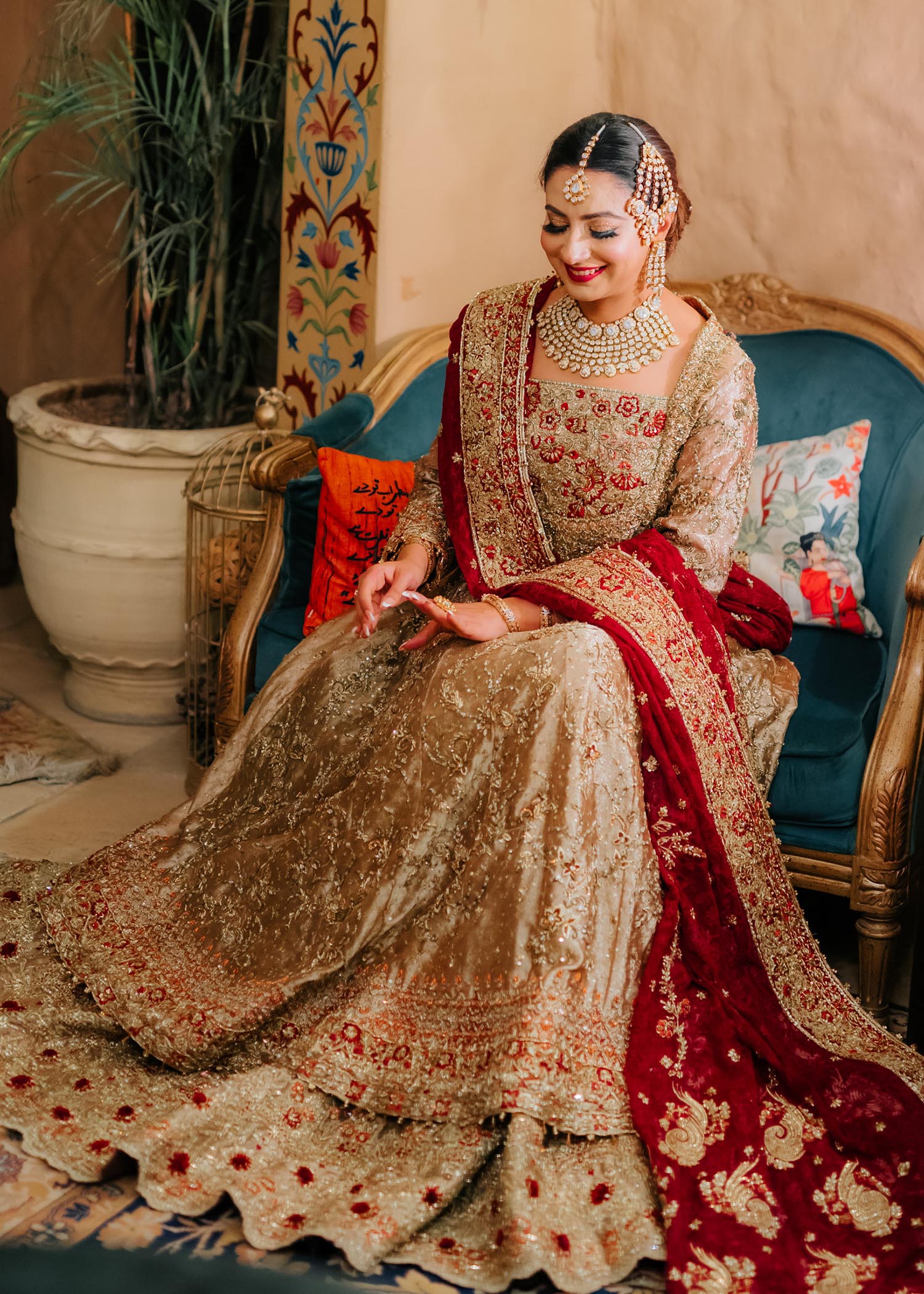 Pakistani Gold and Deep Red Embellished Silk-Blend Bridal Lehenga (3-Piece) - Image 6