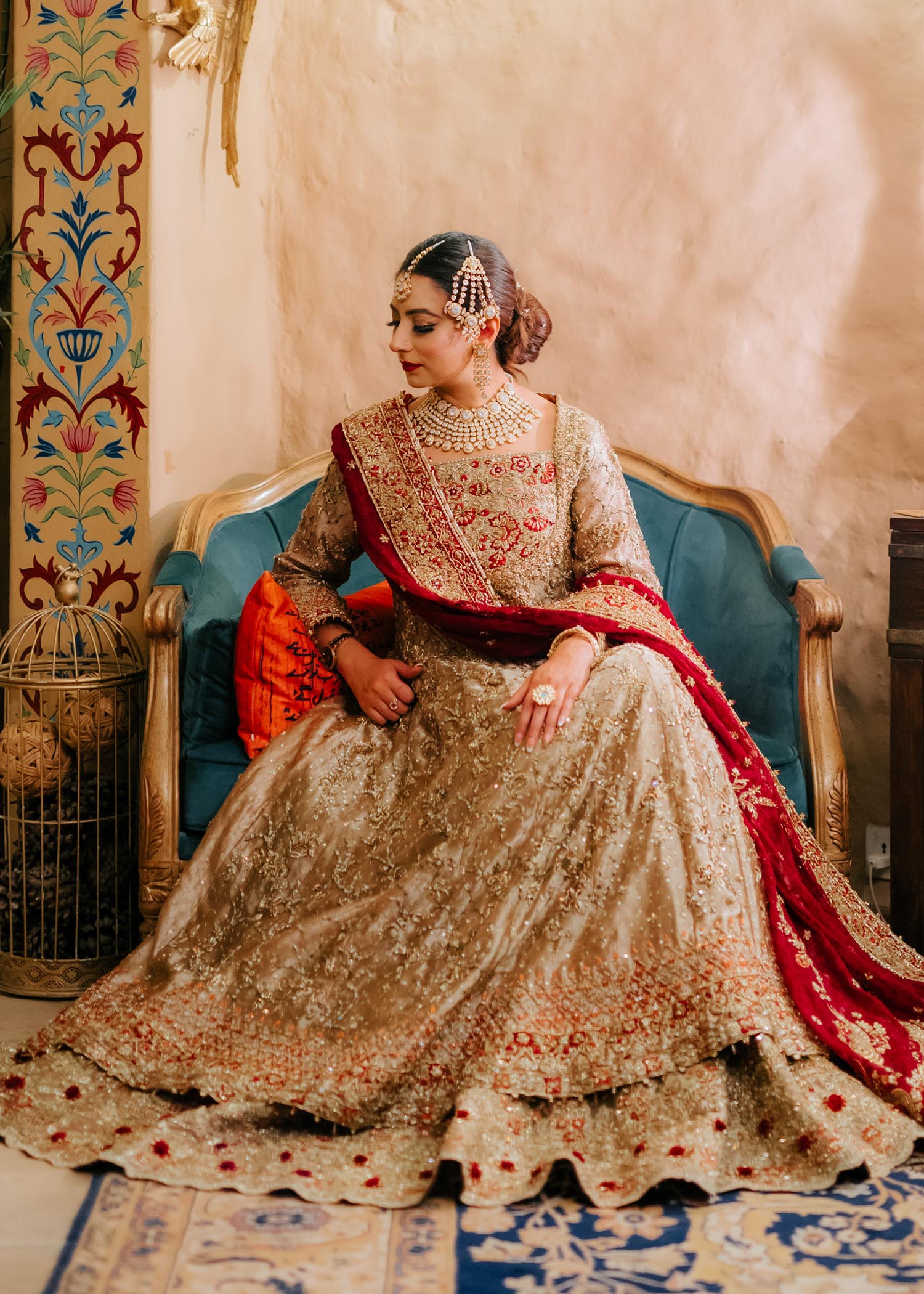 Pakistani Gold and Deep Red Embellished Silk-Blend Bridal Lehenga (3-Piece) - Image 7