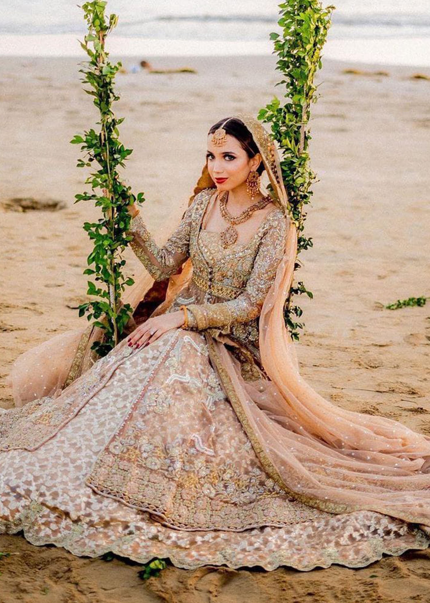 Pakistani Champagne Gold Embellished Silk-Blend Bridal Lehenga (3-Piece) - Image 1