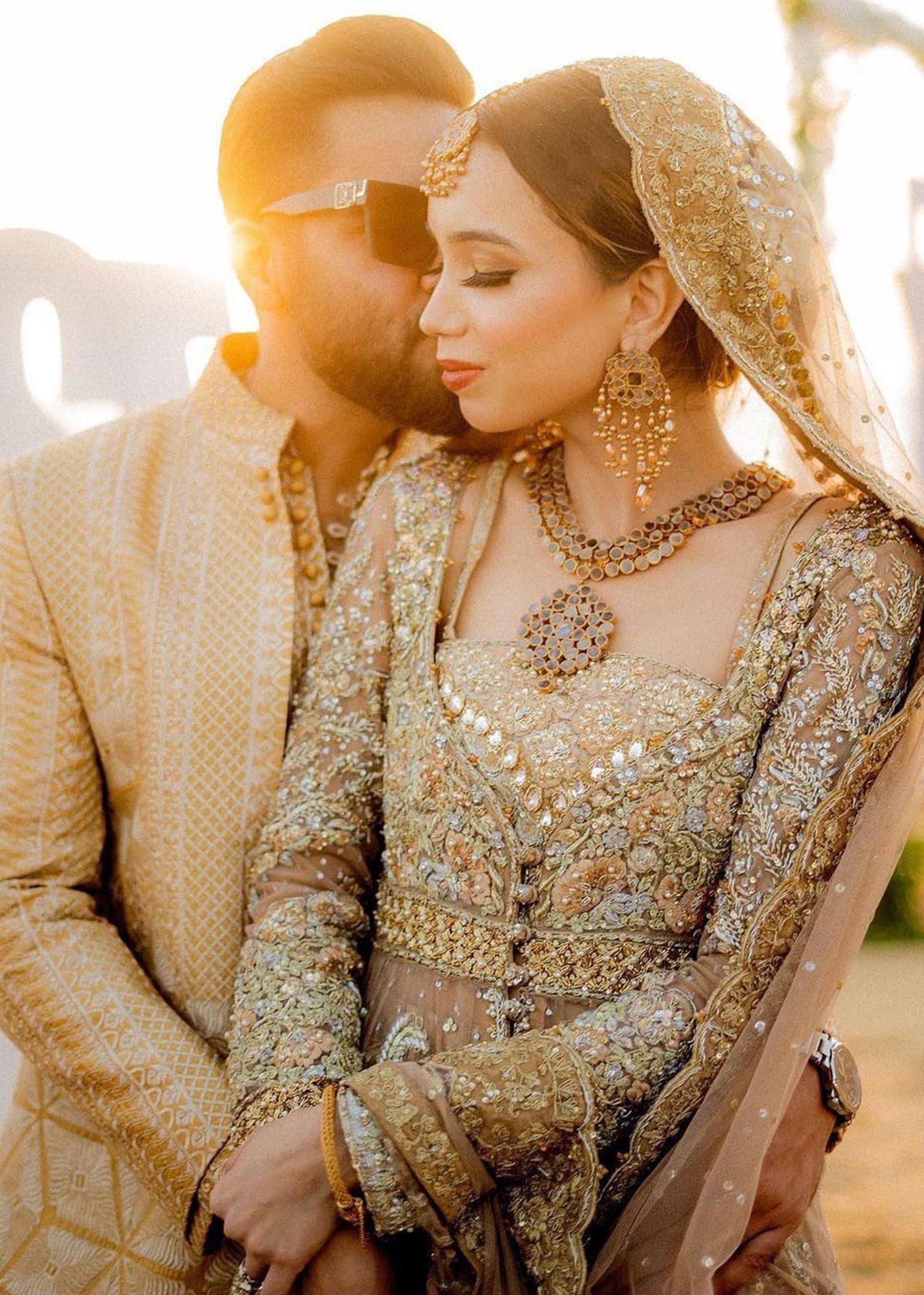 Pakistani Champagne Gold Embellished Silk-Blend Bridal Lehenga (3-Piece) - Image 2