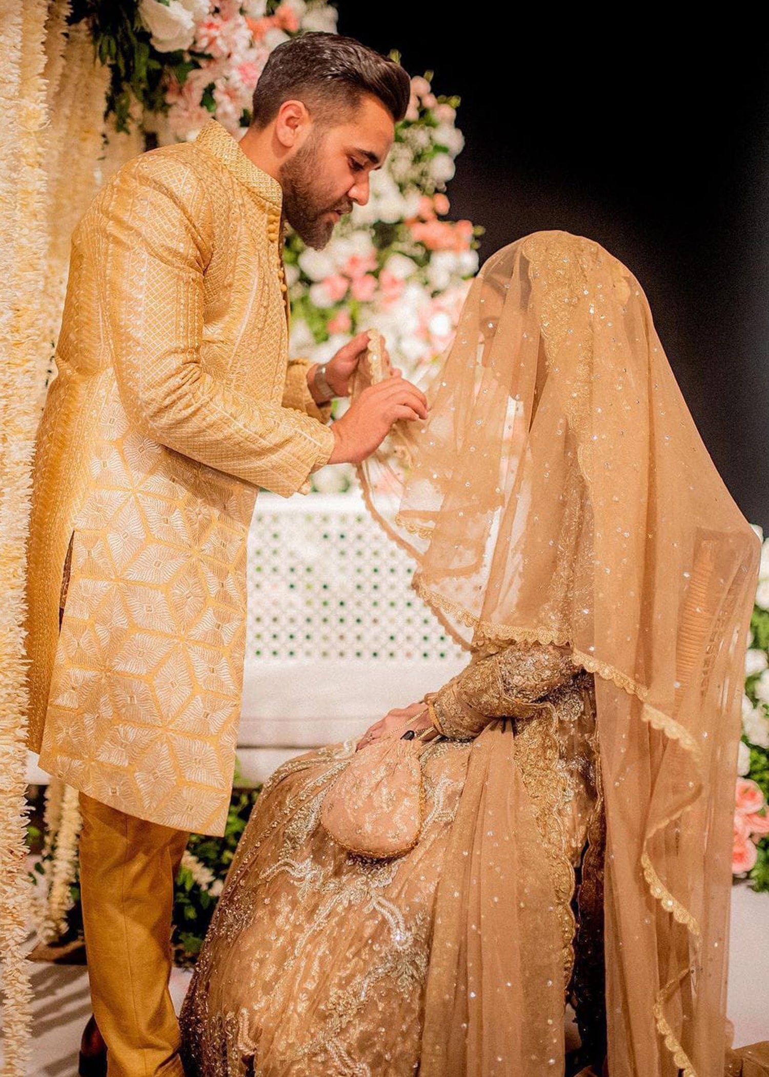 Pakistani Champagne Gold Embellished Silk-Blend Bridal Lehenga (3-Piece) - Image 3