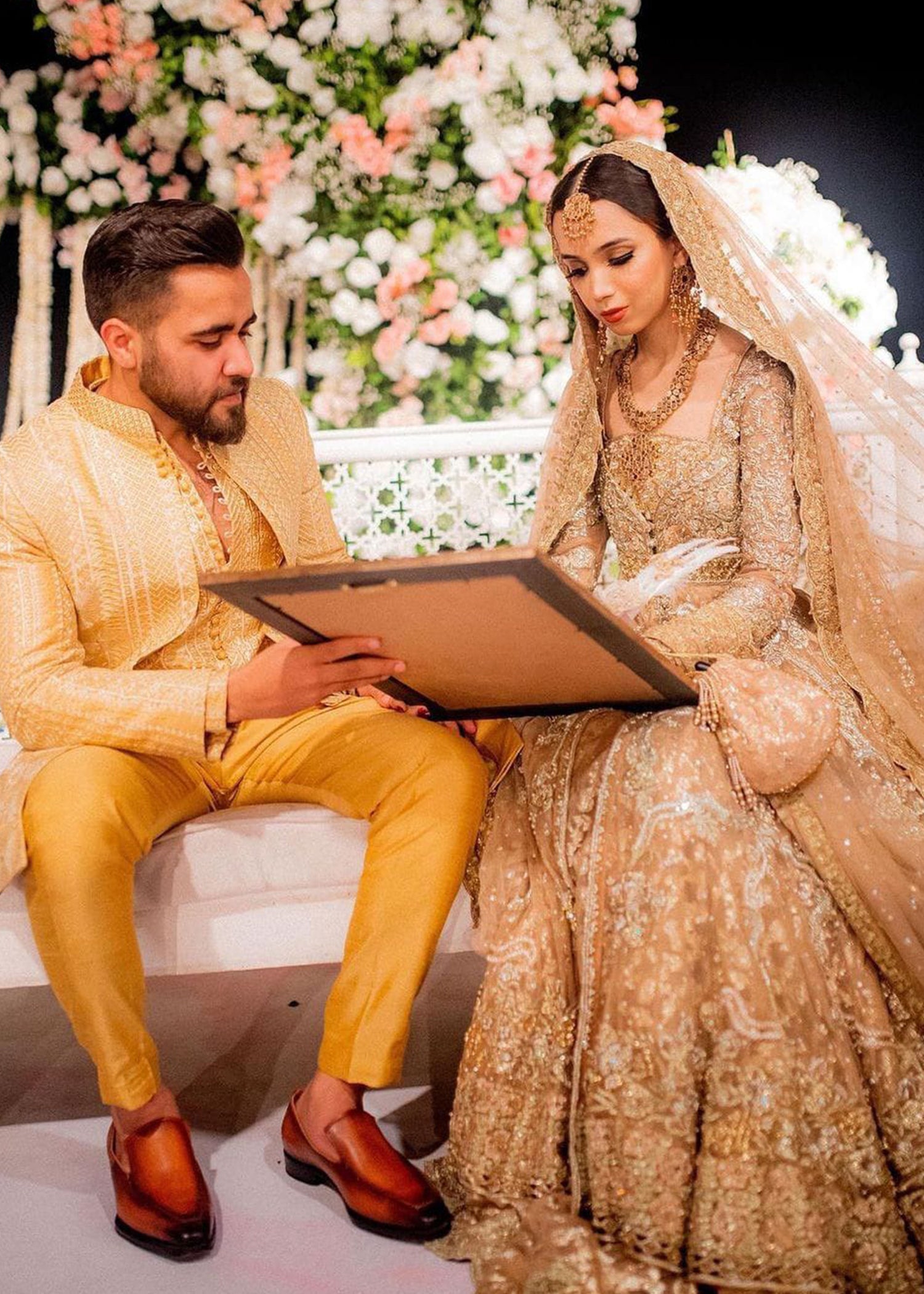 Pakistani Champagne Gold Embellished Silk-Blend Bridal Lehenga (3-Piece) - Image 4