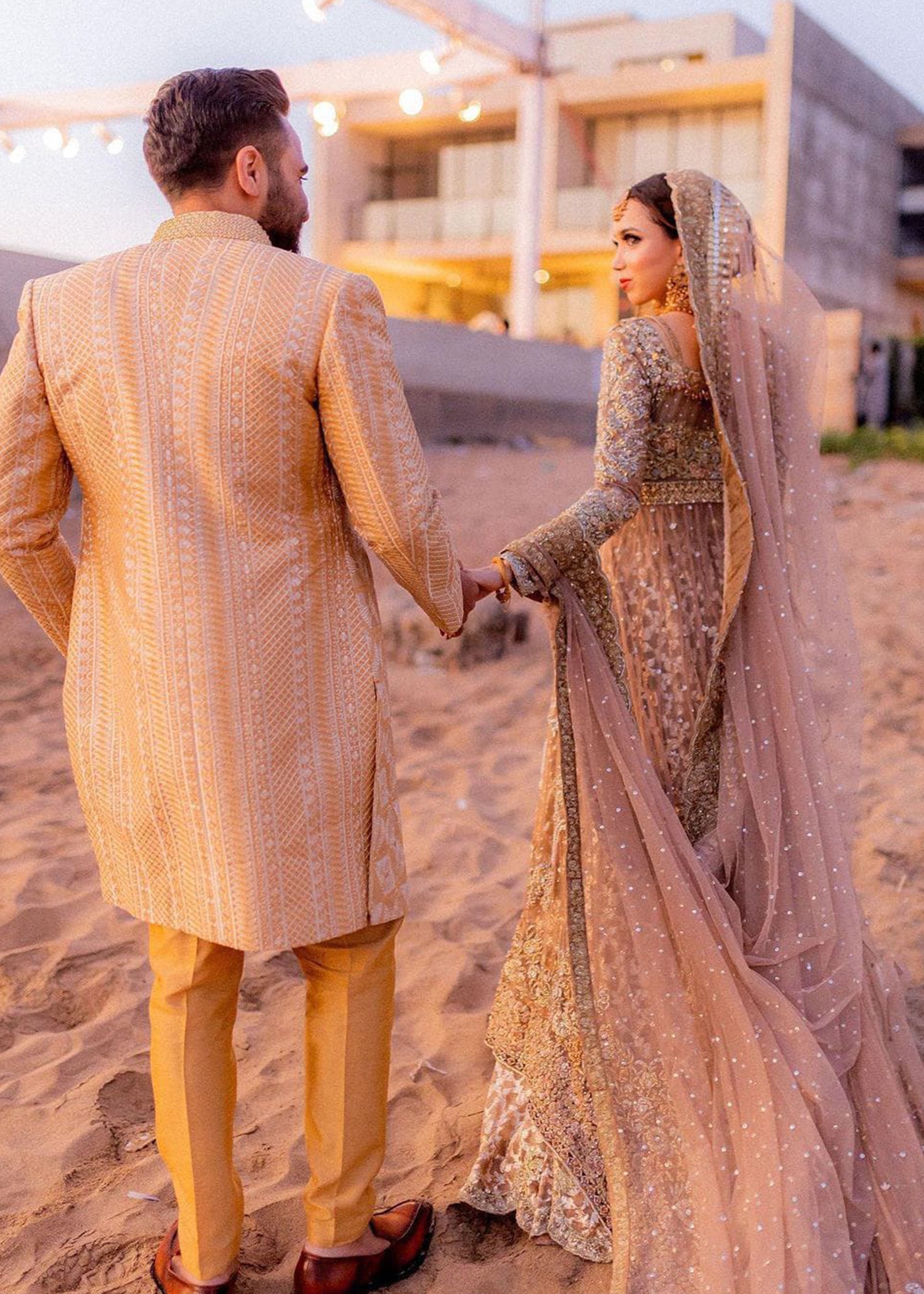 Pakistani Champagne Gold Embellished Silk-Blend Bridal Lehenga (3-Piece) - Image 5