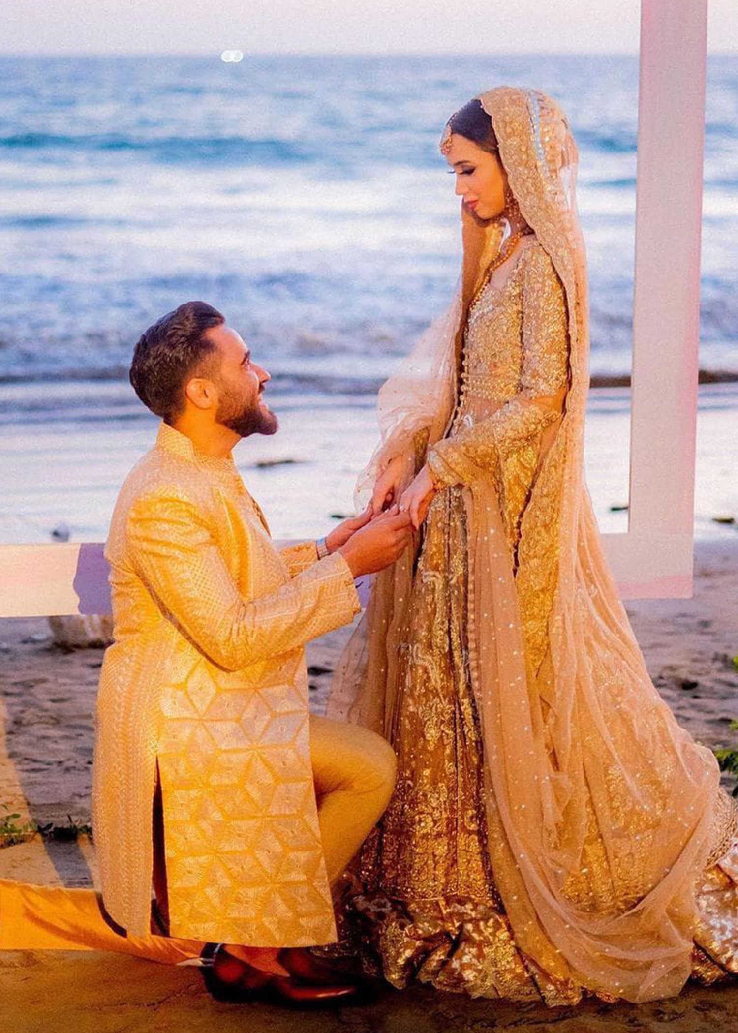 Pakistani Champagne Gold Embellished Silk-Blend Bridal Lehenga (3-Piece) - Image 6