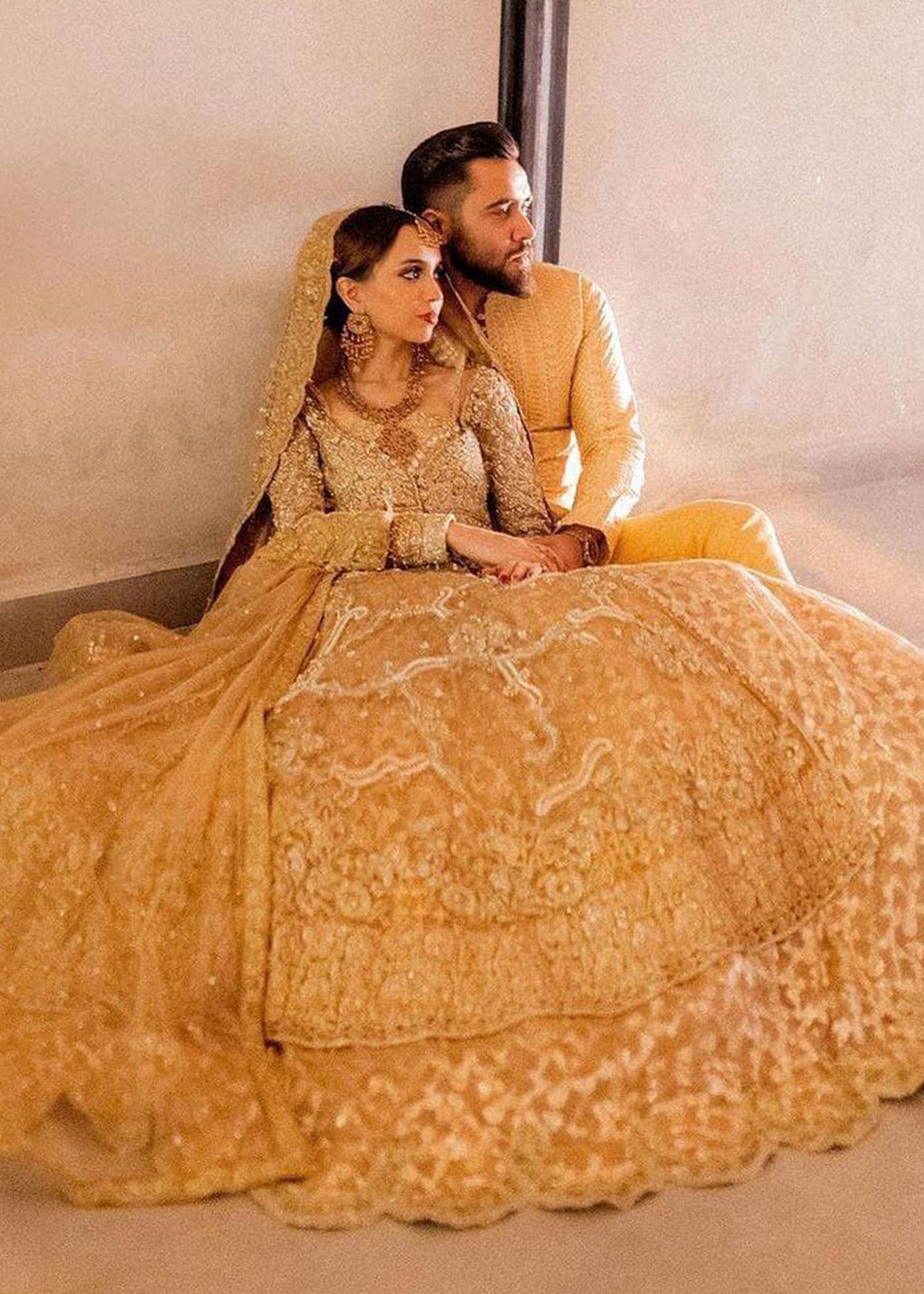 Pakistani Champagne Gold Embellished Silk-Blend Bridal Lehenga (3-Piece) - Image 7