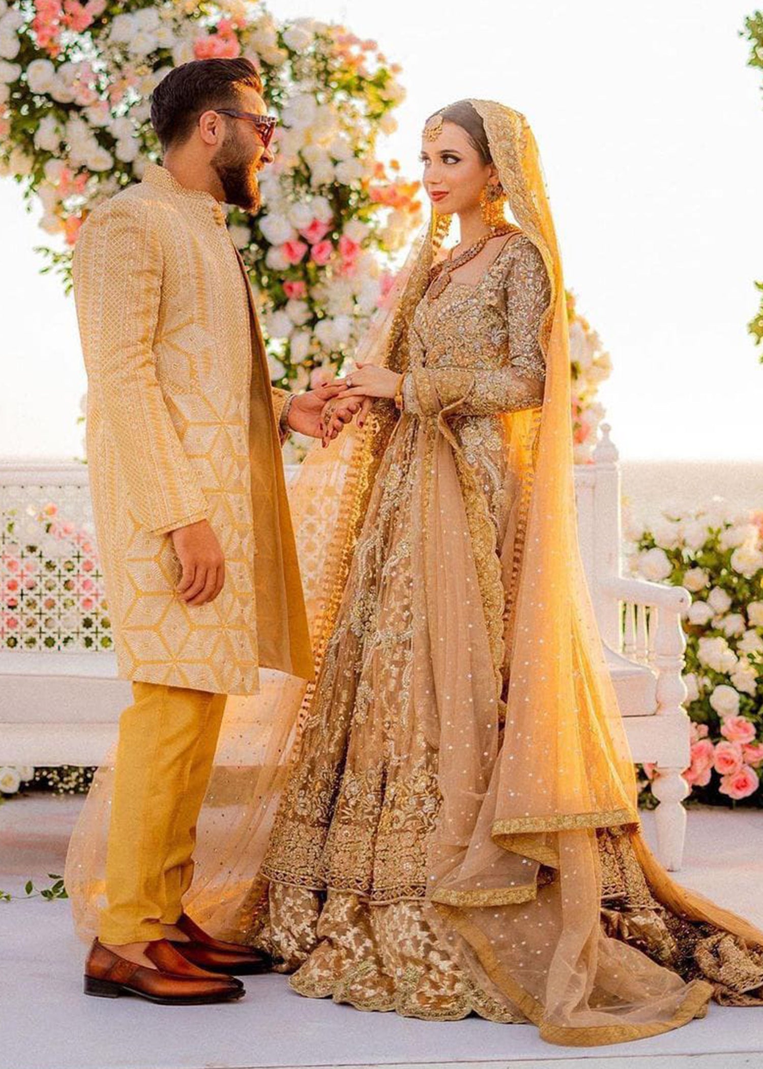 Pakistani Champagne Gold Embellished Silk-Blend Bridal Lehenga (3-Piece) - Image 8