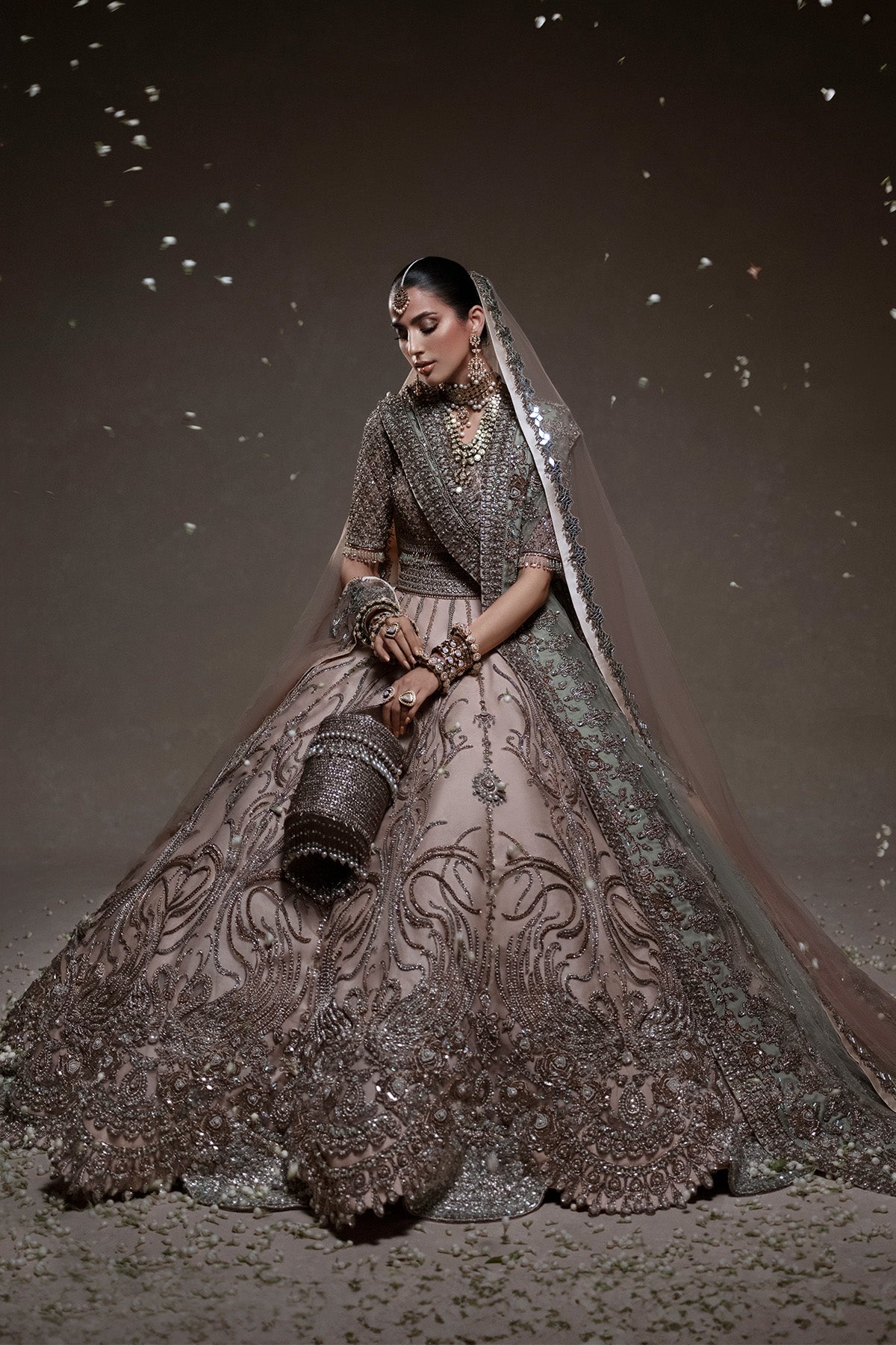 Antique Gold Zardozi Silk-Blend Bridal Lehenga (3-Piece) - Image 1