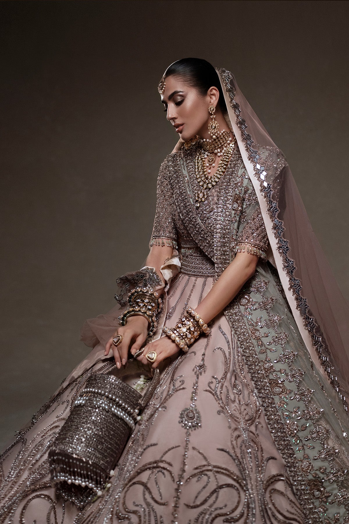 Antique Gold Zardozi Silk-Blend Bridal Lehenga (3-Piece) - Image 3