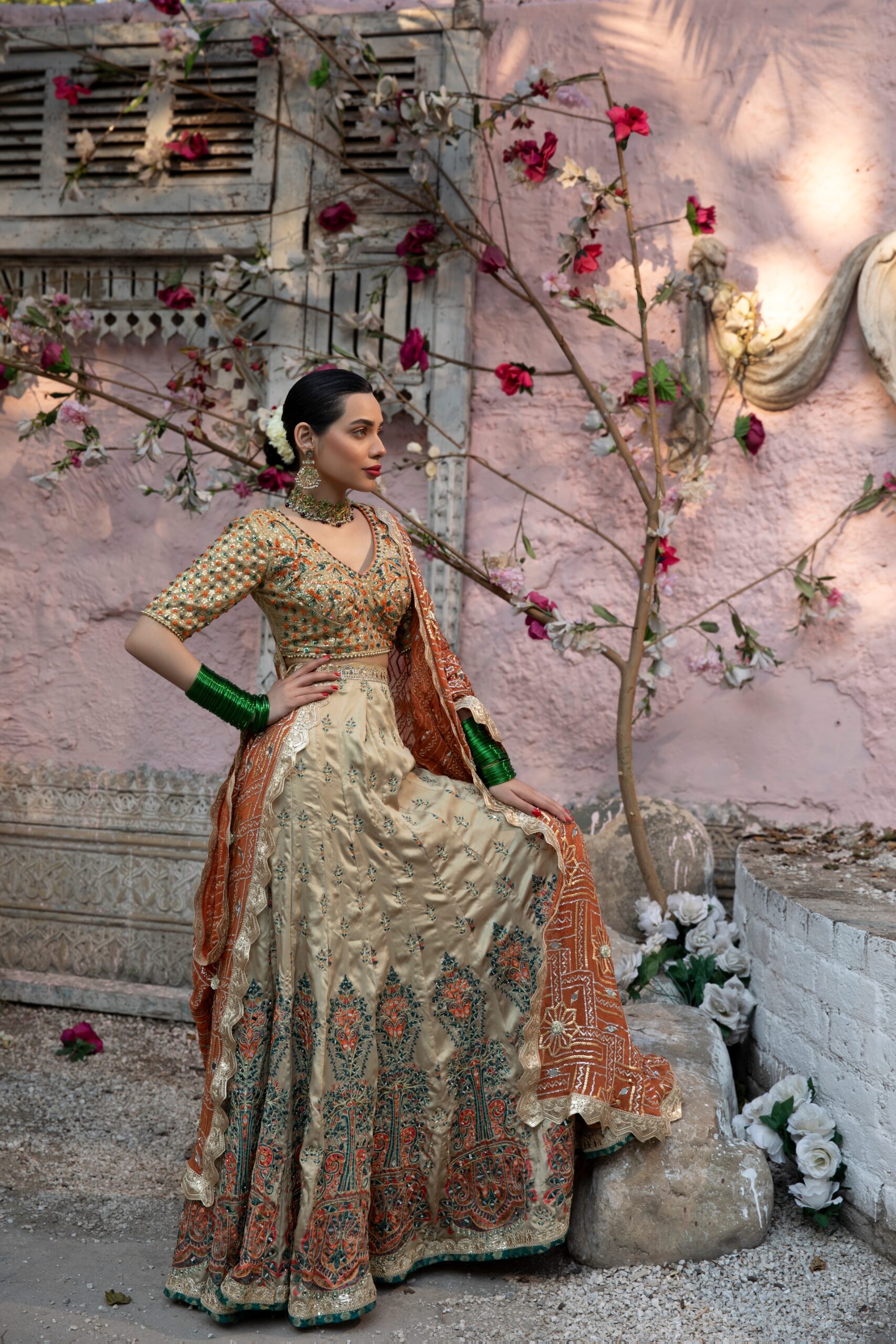 Pakistani Golden Green and Orange Embroidered Silk Bridal Lehenga (3-Piece) - Image 1
