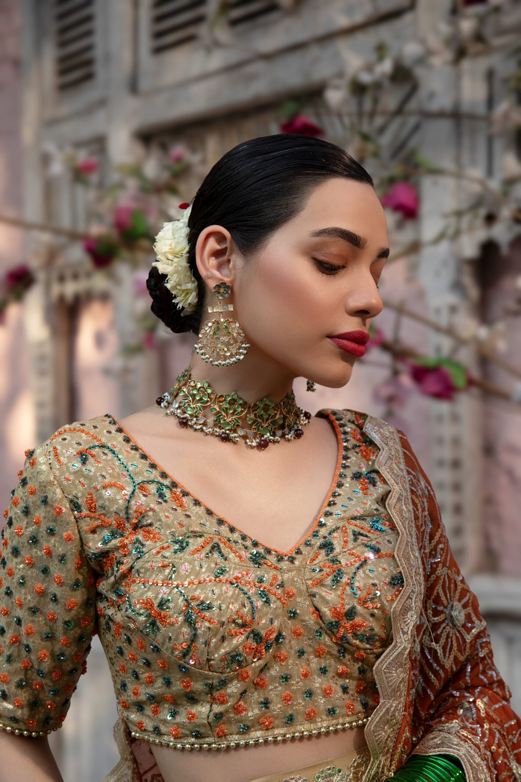 Pakistani Golden Green and Orange Embroidered Silk Bridal Lehenga (3-Piece) - Image 2