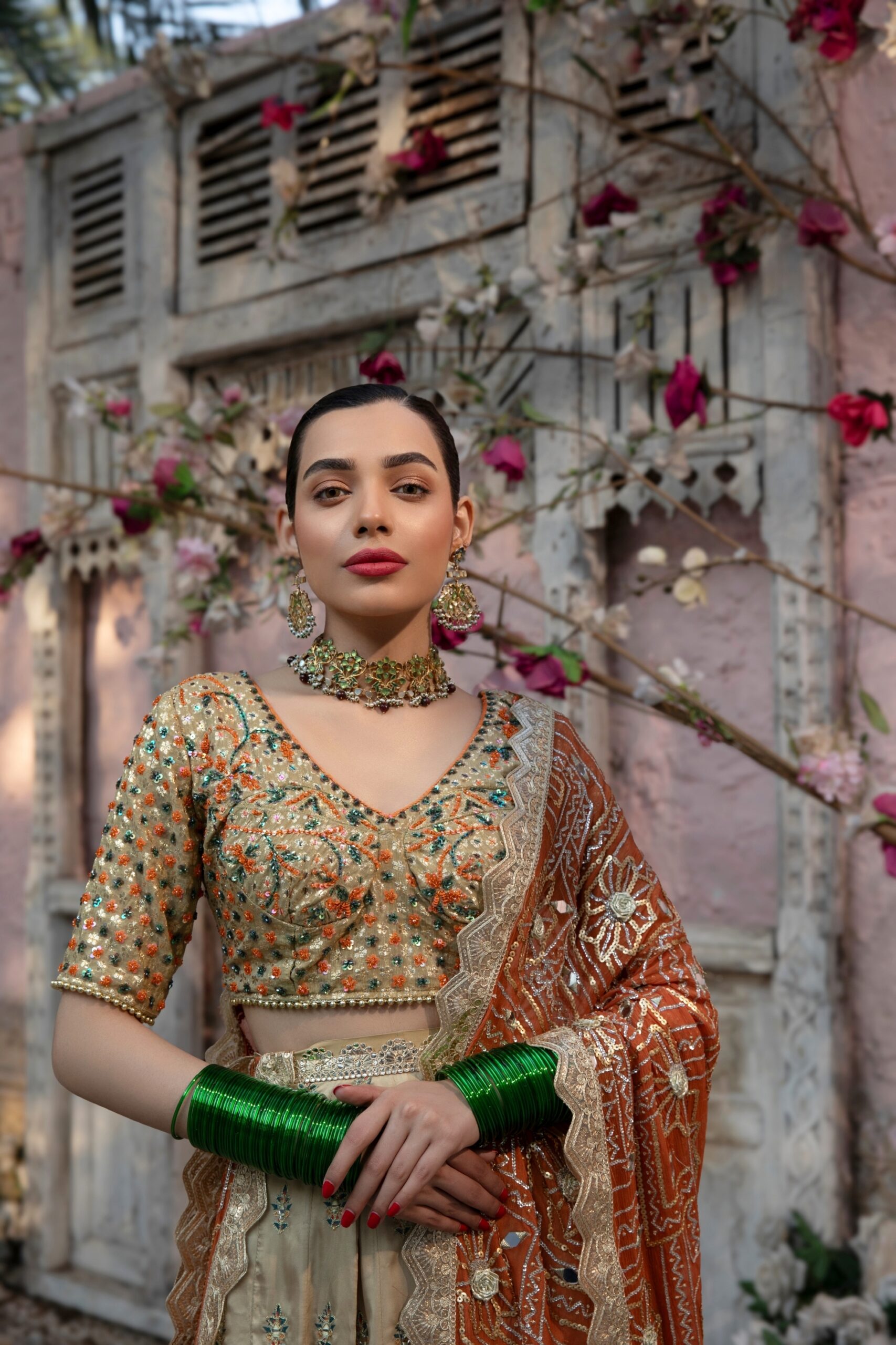 Pakistani Golden Green and Orange Embroidered Silk Bridal Lehenga (3-Piece) - Image 3