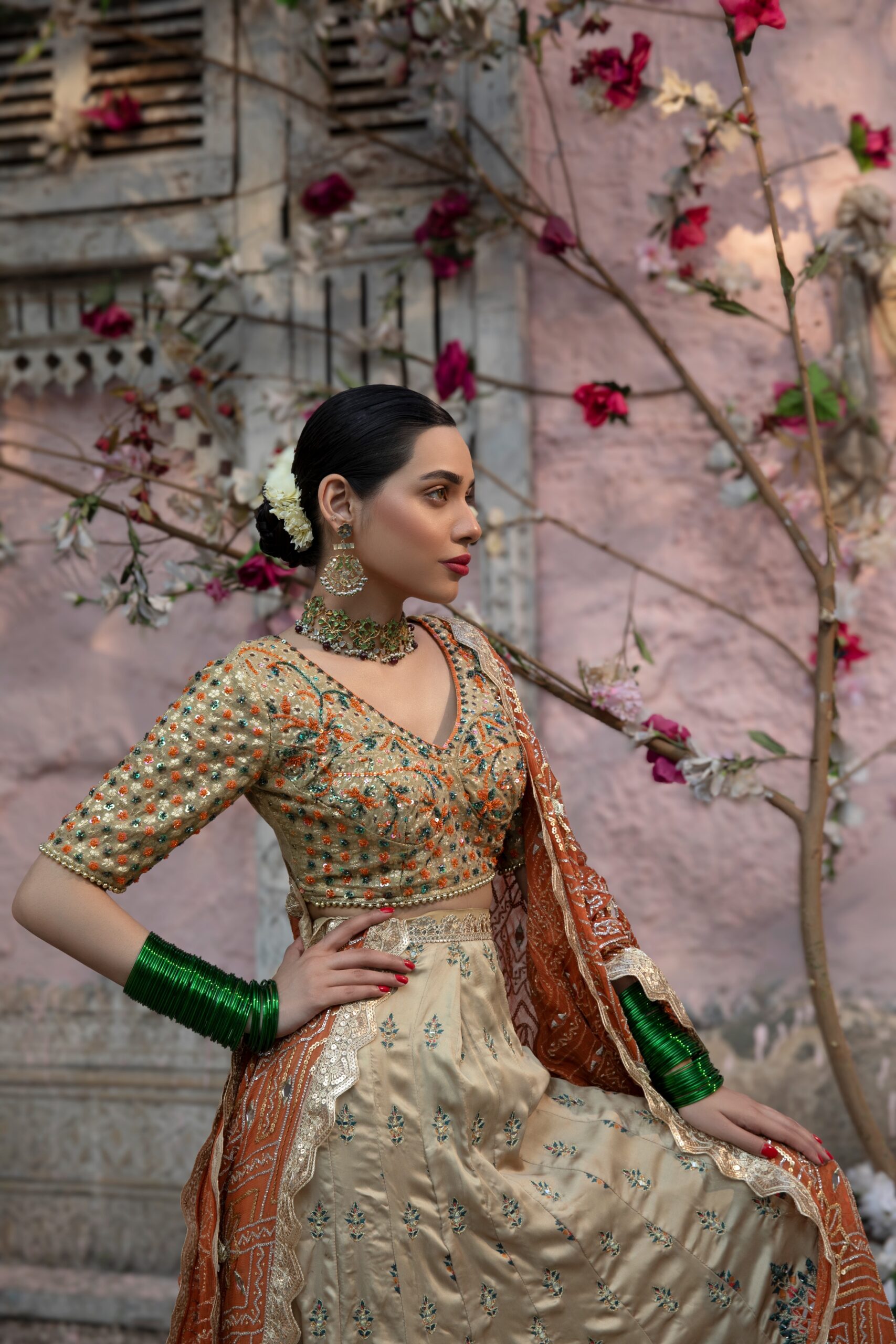 Pakistani Golden Green and Orange Embroidered Silk Bridal Lehenga (3-Piece) - Image 4