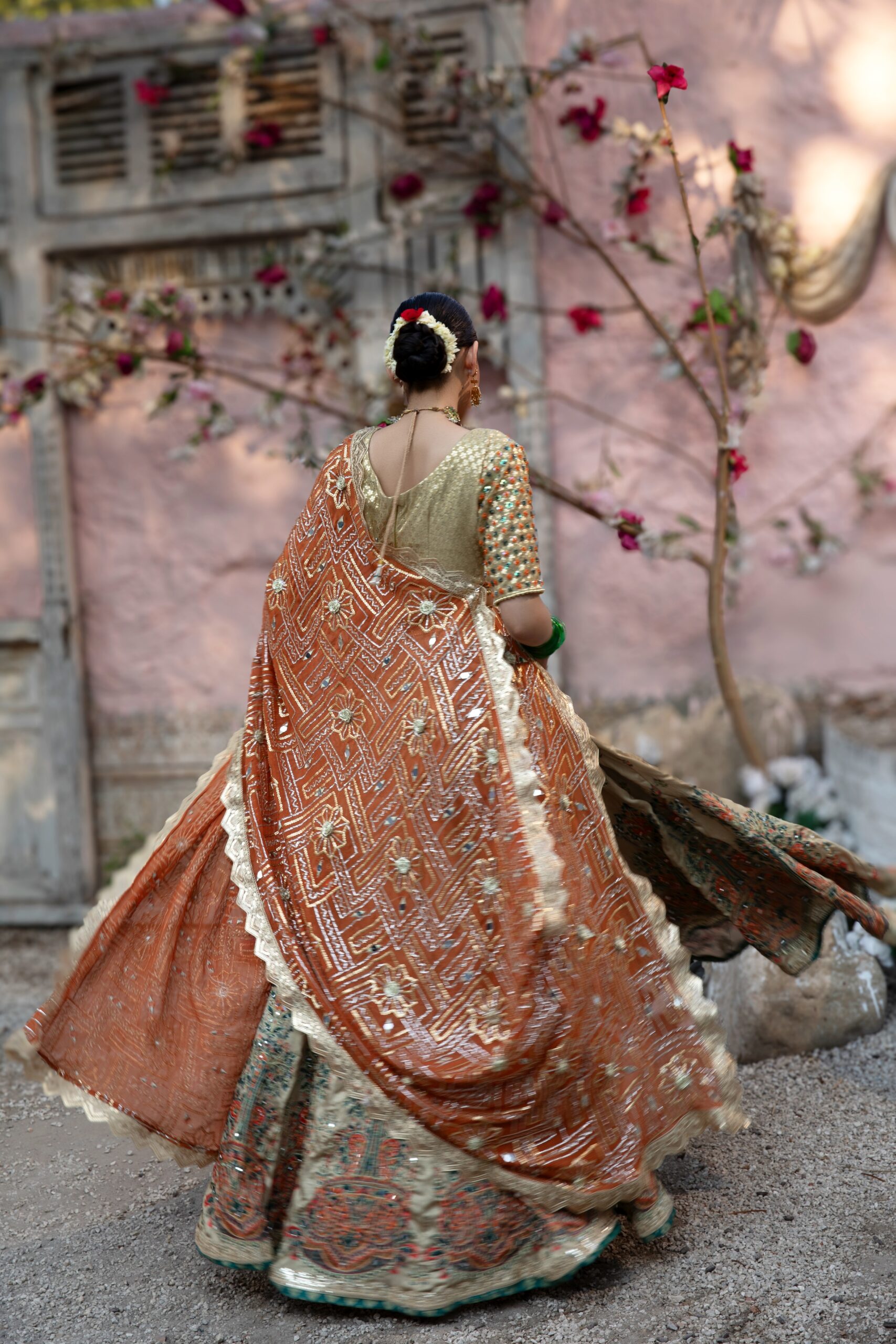 Pakistani Golden Green and Orange Embroidered Silk Bridal Lehenga (3-Piece) - Image 5