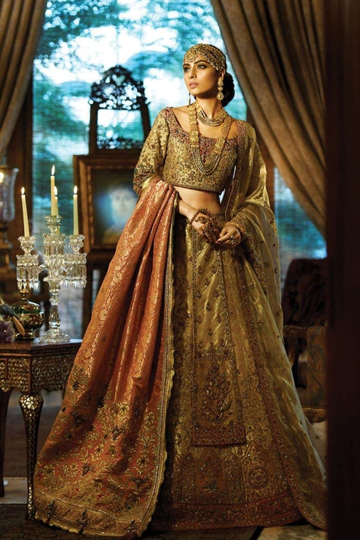 Pakistani Antique Gold Embellished Silk Blend Bridal Lehenga (3-Piece) - Image 1