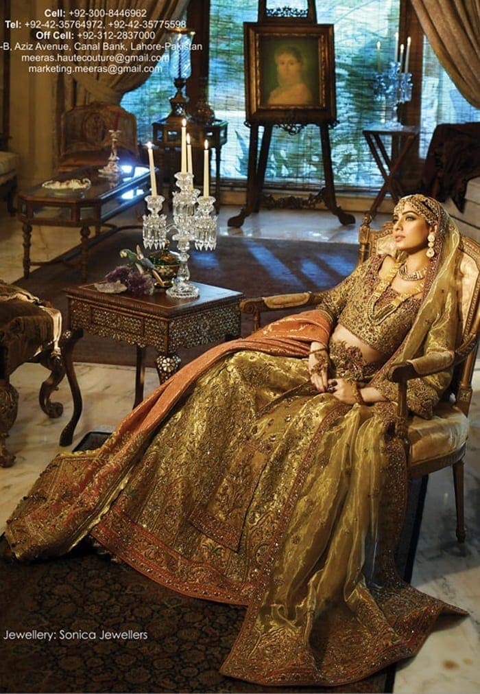 Pakistani Antique Gold Embellished Silk Blend Bridal Lehenga (3-Piece) - Image 2