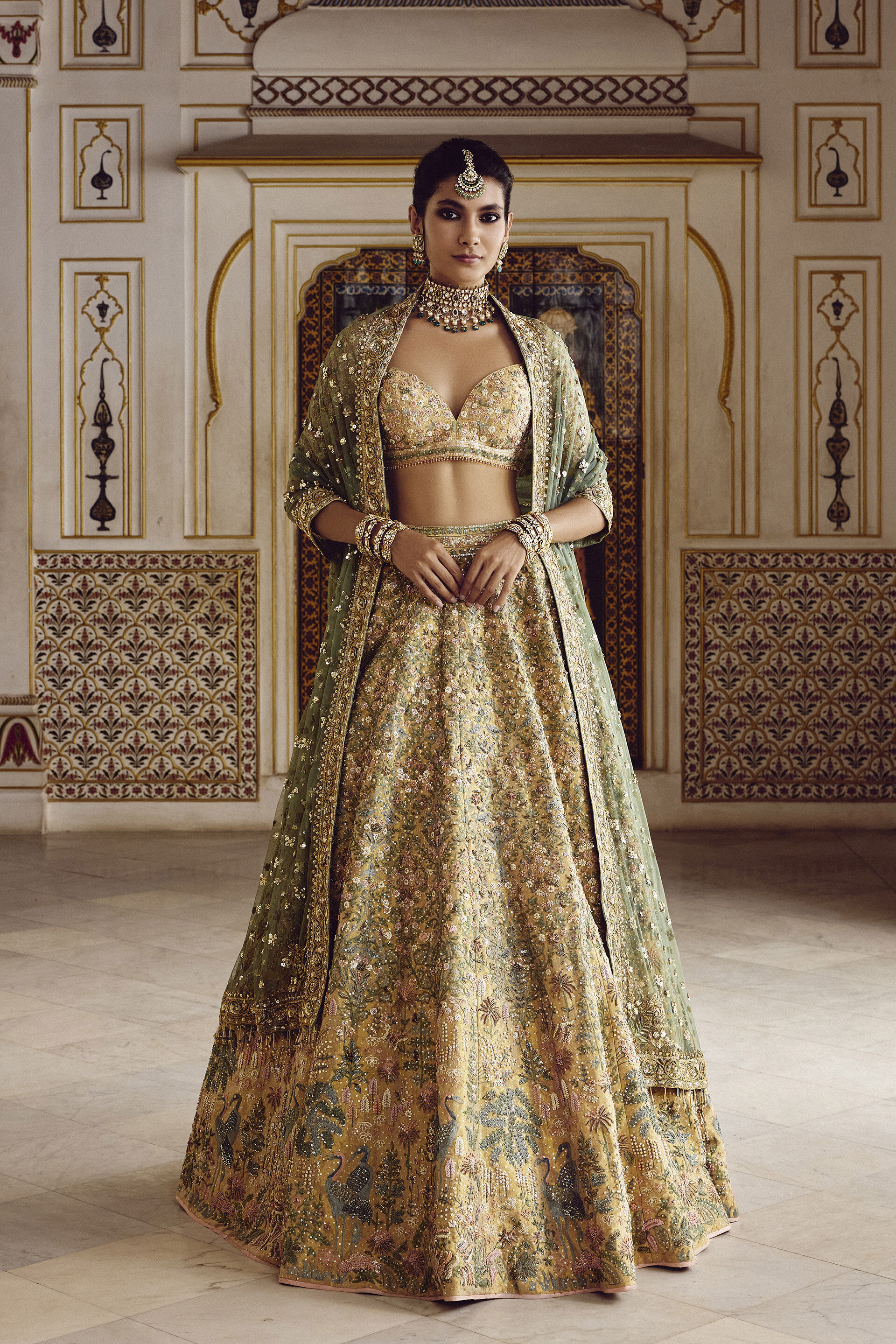 Indian Gold Zardozi Silk Lehenga Set (3-Piece) - Image 1