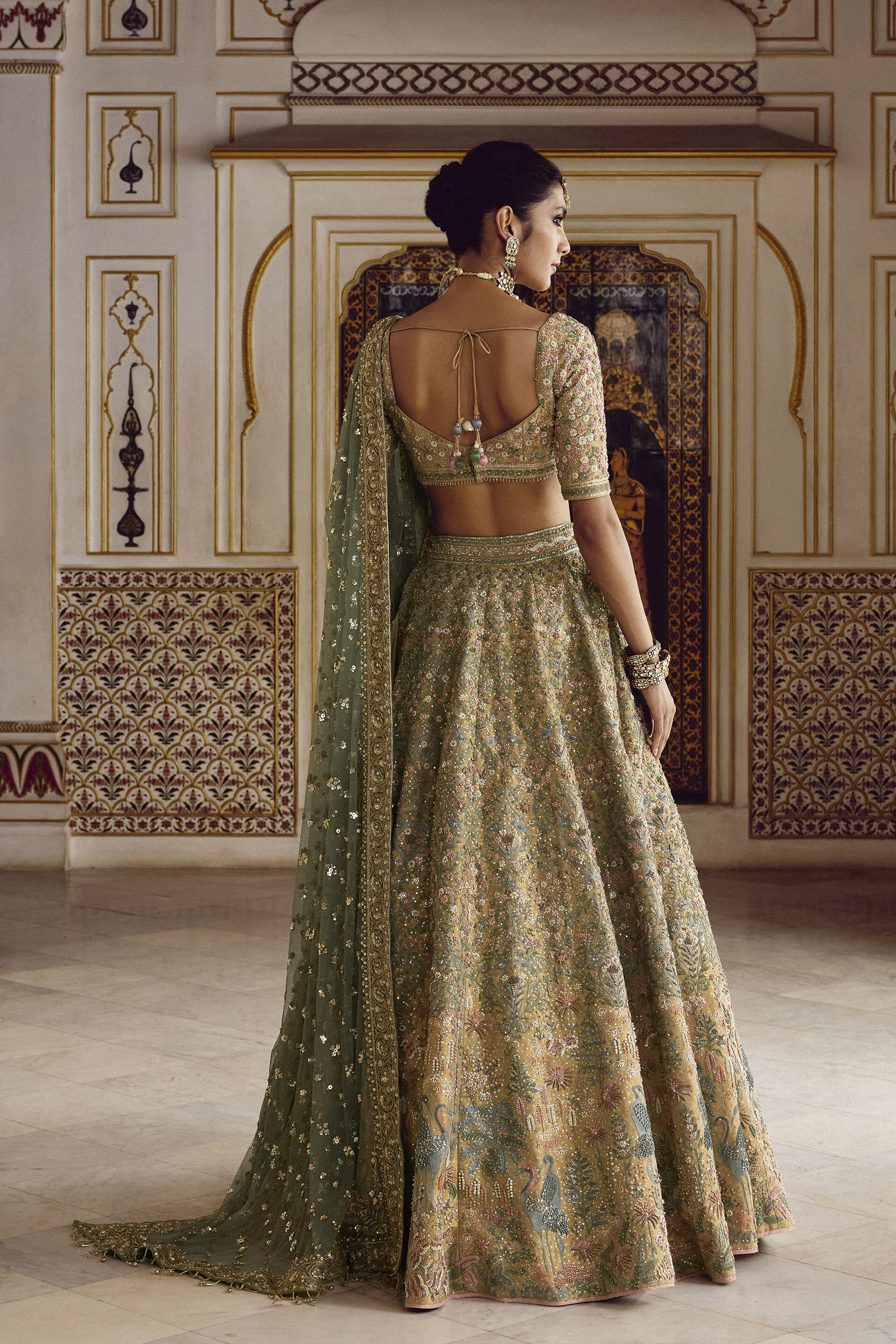 Indian Gold Zardozi Silk Lehenga Set (3-Piece) - Image 2