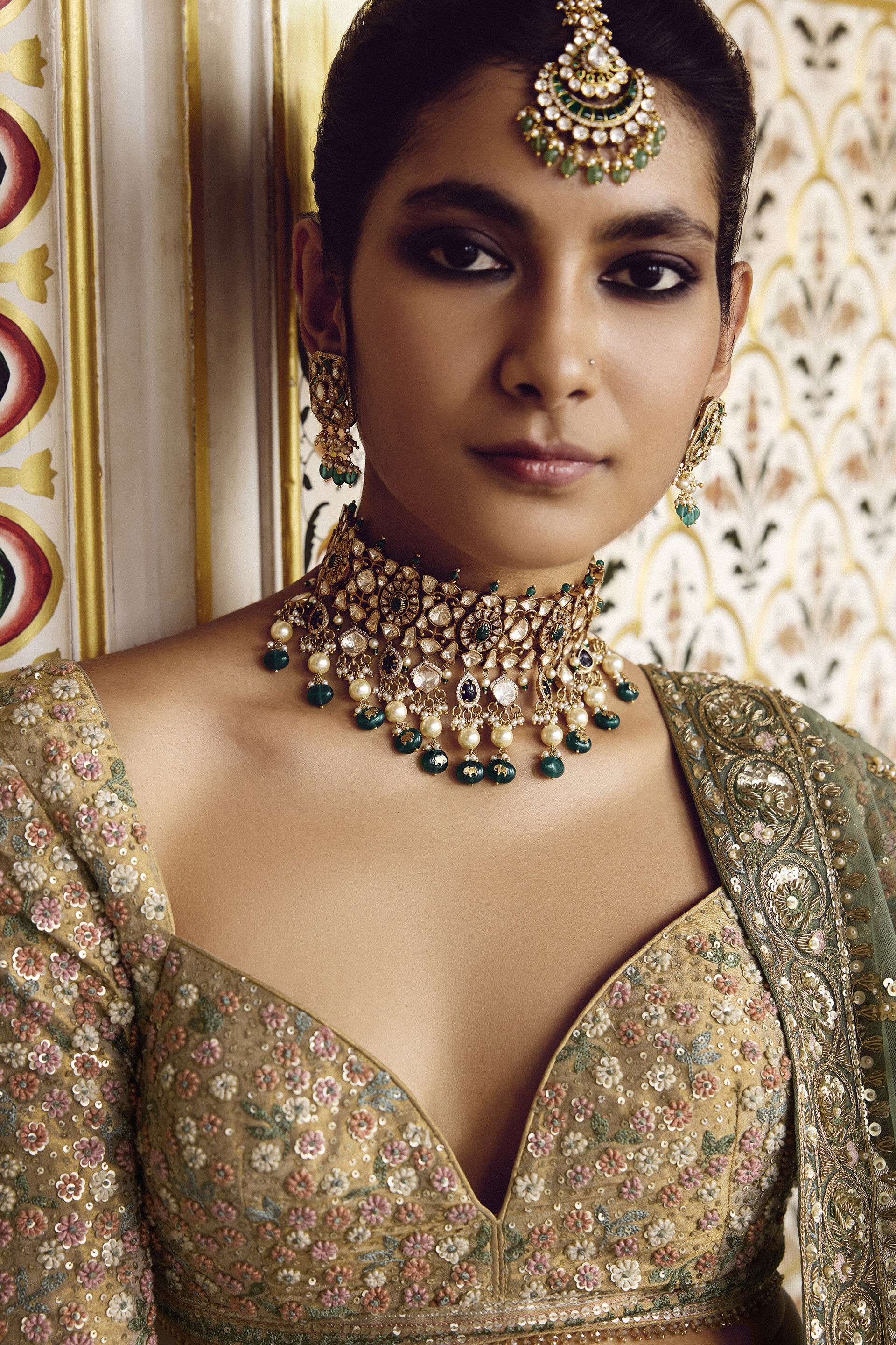 Indian Gold Zardozi Silk Lehenga Set (3-Piece) - Image 6