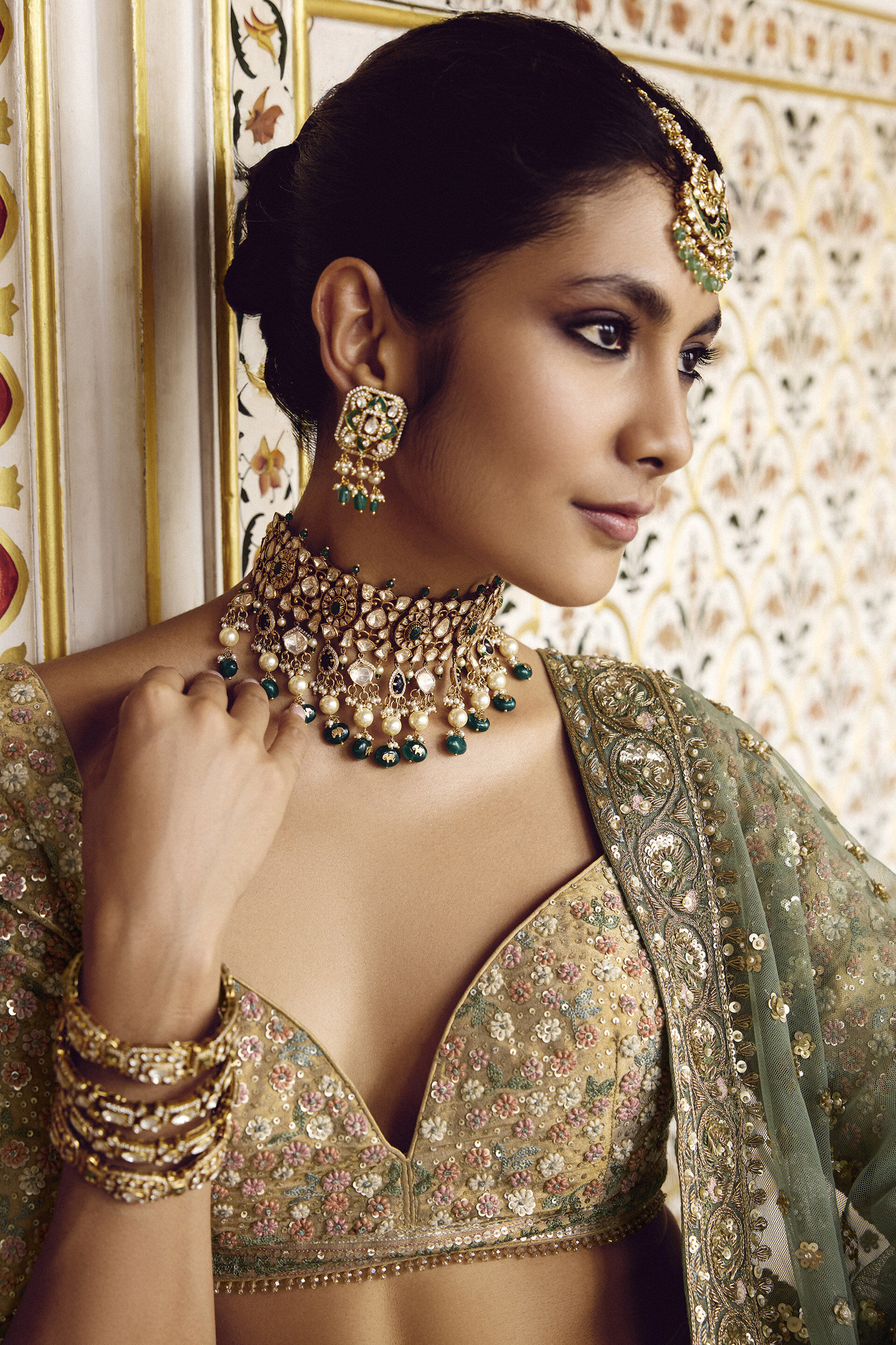 Indian Gold Zardozi Silk Lehenga Set (3-Piece) - Image 7