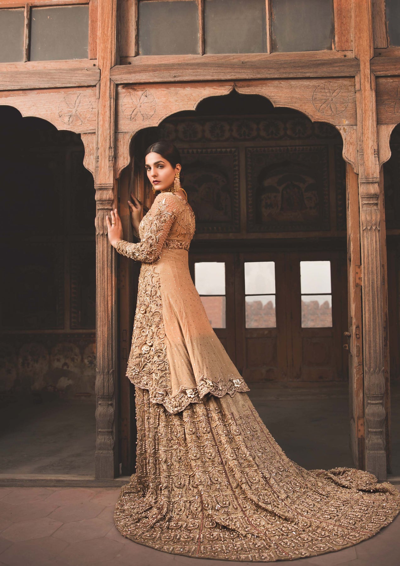 Pakistani Gold Embellished Silk Blend Bridal Lehenga (3-Piece) - Image 3